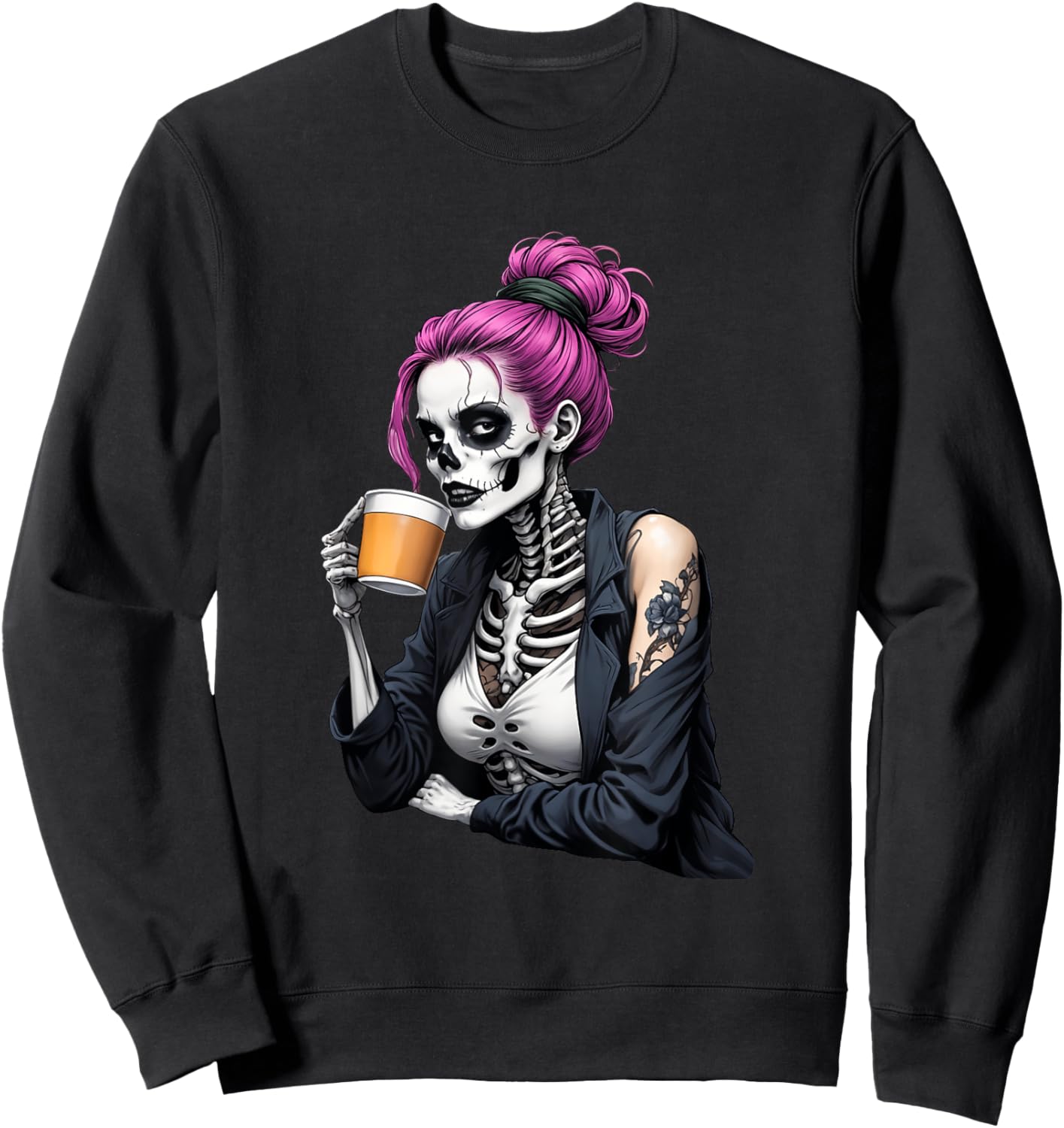 Spooky Halloween Skeleton Messy Bun Drinking Coffee Women Sweatshirt - Sweatshirt | Black