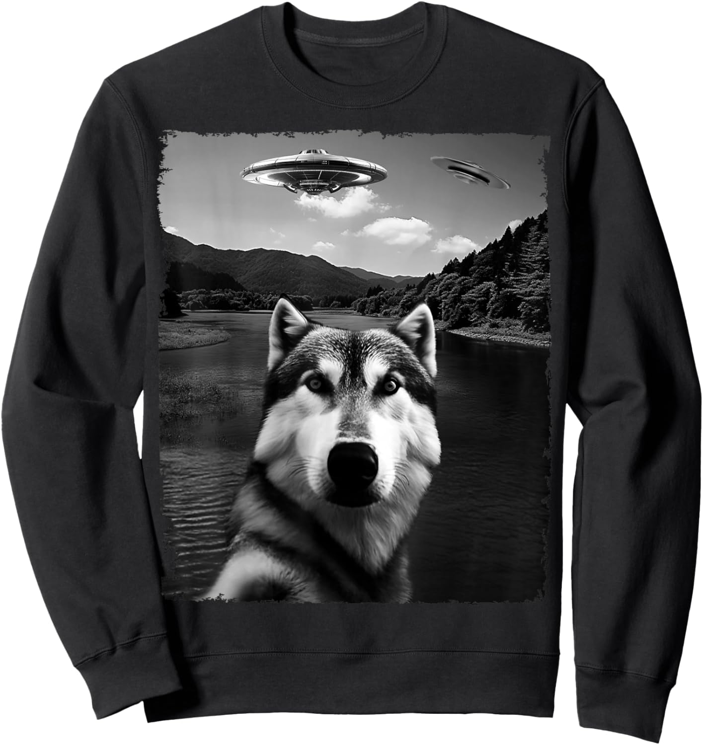 Dog Husky Selfie with Alien and Ufo Women Kids Sweatshirt - Sweatshirt | Black