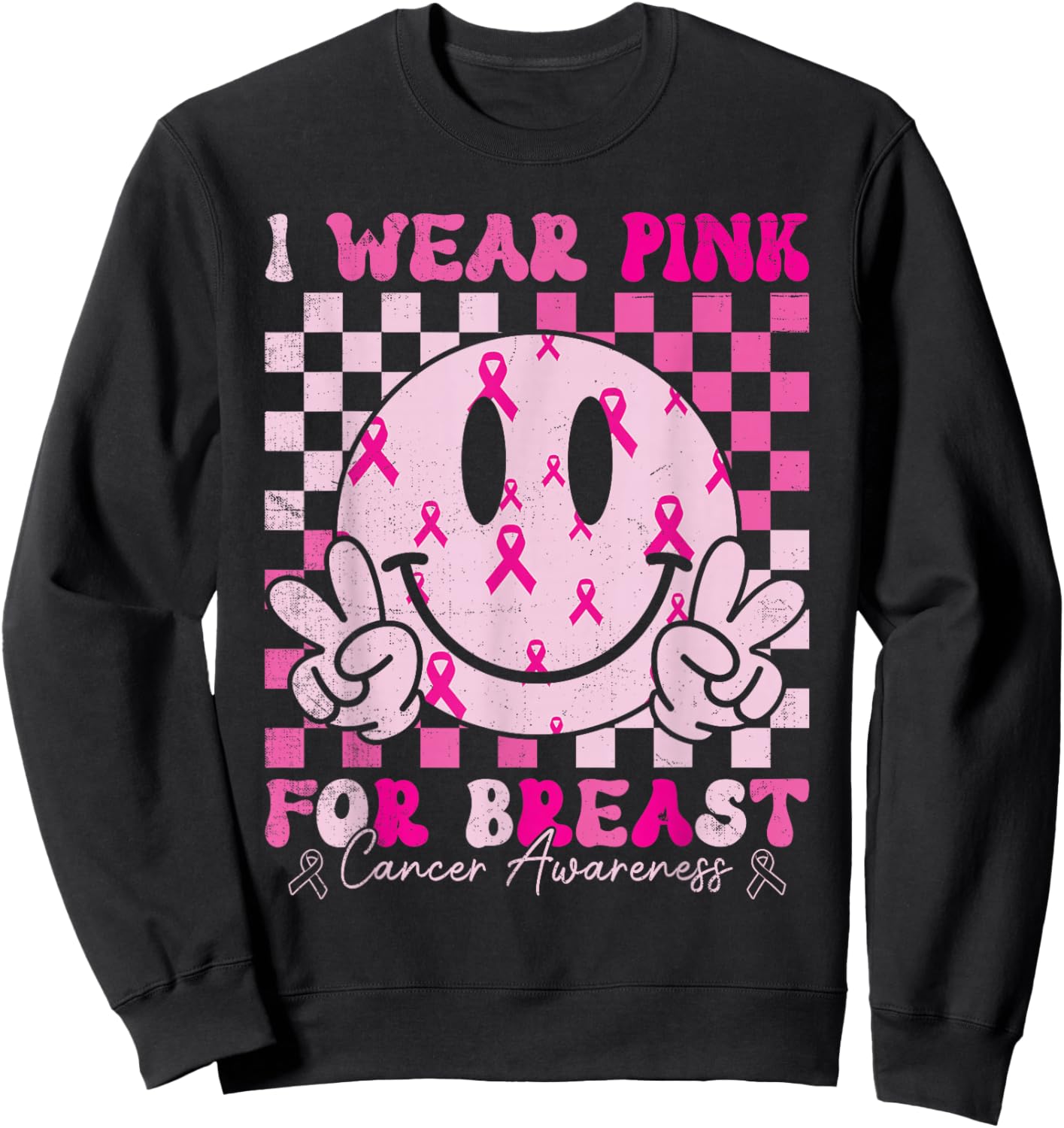 Retro I Wear Pink for Breast Cancer Awareness Pink Ribbon Sweatshirt - Sweatshirt | Black