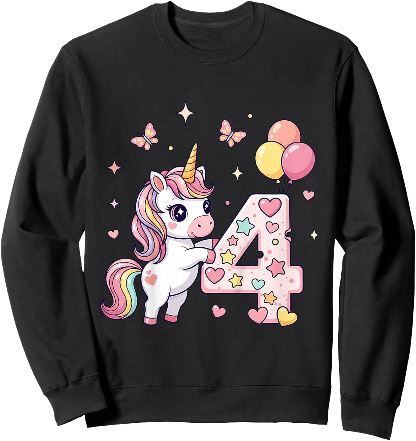 Kids Cute Unicorn 4th Birthday Party Outfit for Girls 4 Years Old Sweatshirt - Sweatshirt | Black