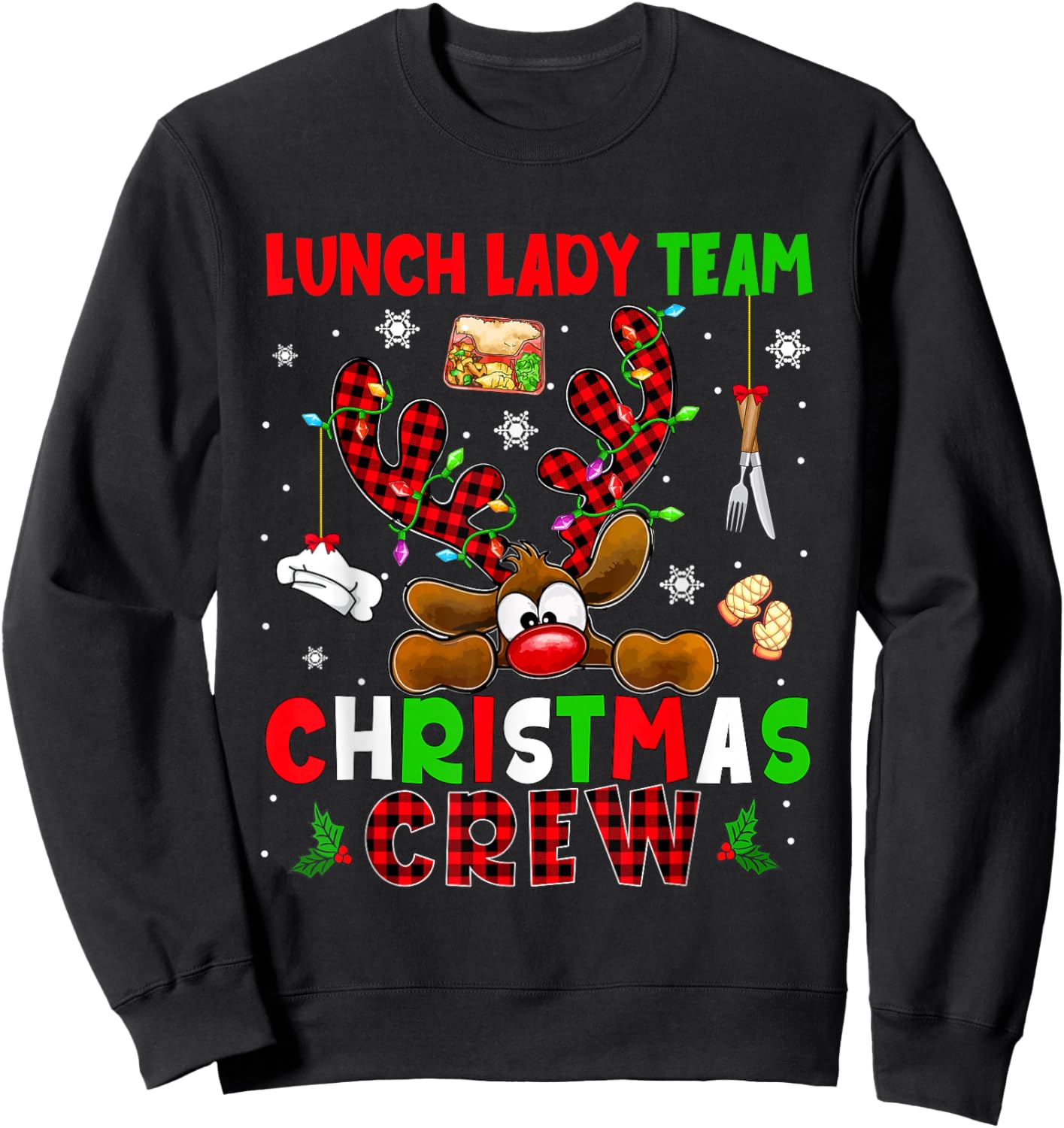 Lunch Lady Team Christmas Crew Proud Job Colorful Reindeer Sweatshirt - Sweatshirt | Black