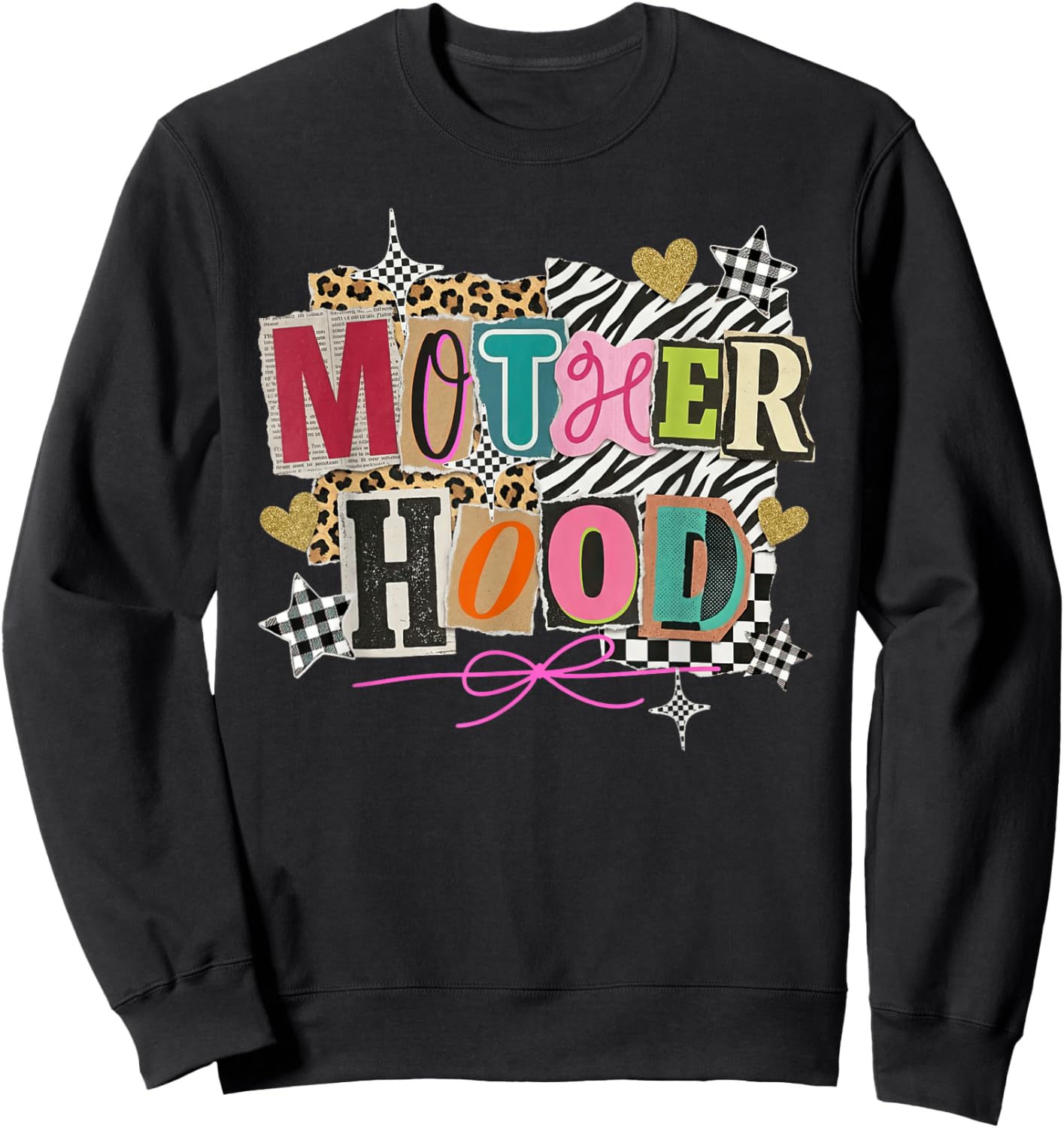 Motherhood Collage Mother Day Coquette Bow Leopard Mom Mama Sweatshirt - Sweatshirt | Black
