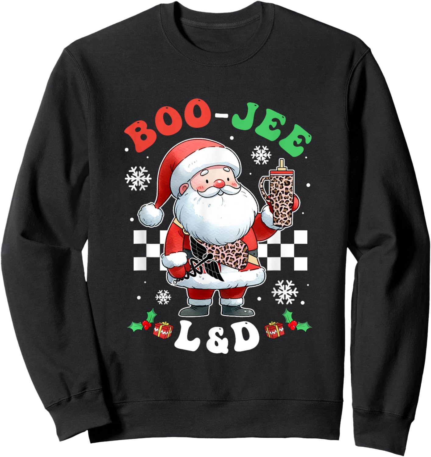 Groovy Bougie L&D Santa Christmas Matching Nurse Scrub Women Sweatshirt - Sweatshirt | Black