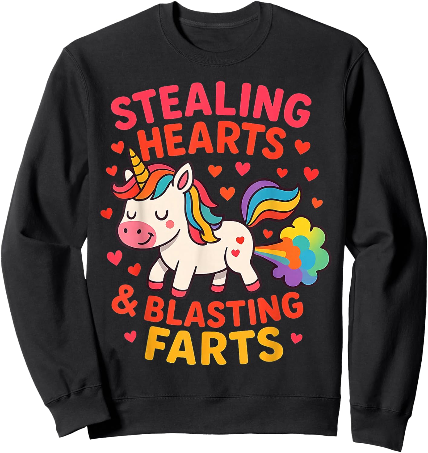 Funny Cute Unicorn Stealing Hearts Blasting Farts Design Sweatshirt - Sweatshirt | Black
