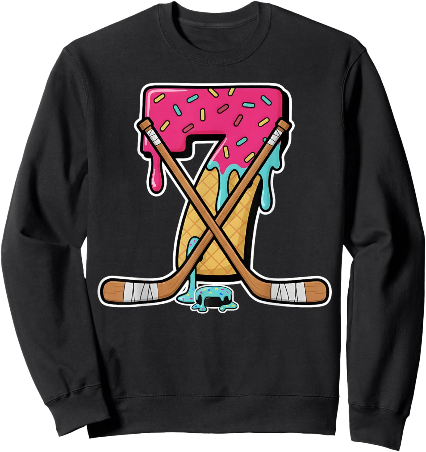 7 Year Old Hockey Ice Cream Drip Youth 7th Birthday Boys Sweatshirt - Sweatshirt | Black