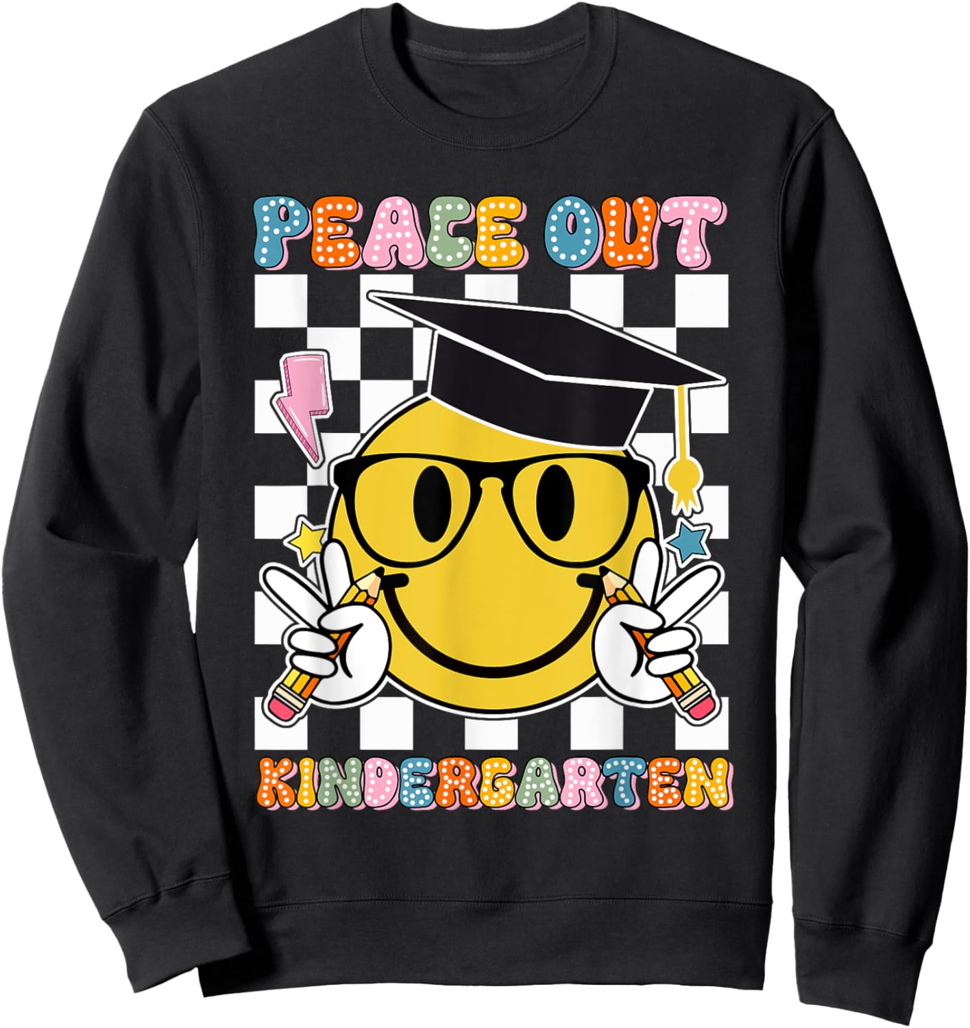Peace Out Kindergarten Last Day of School Smile Face Kids Sweatshirt - Sweatshirt | Black