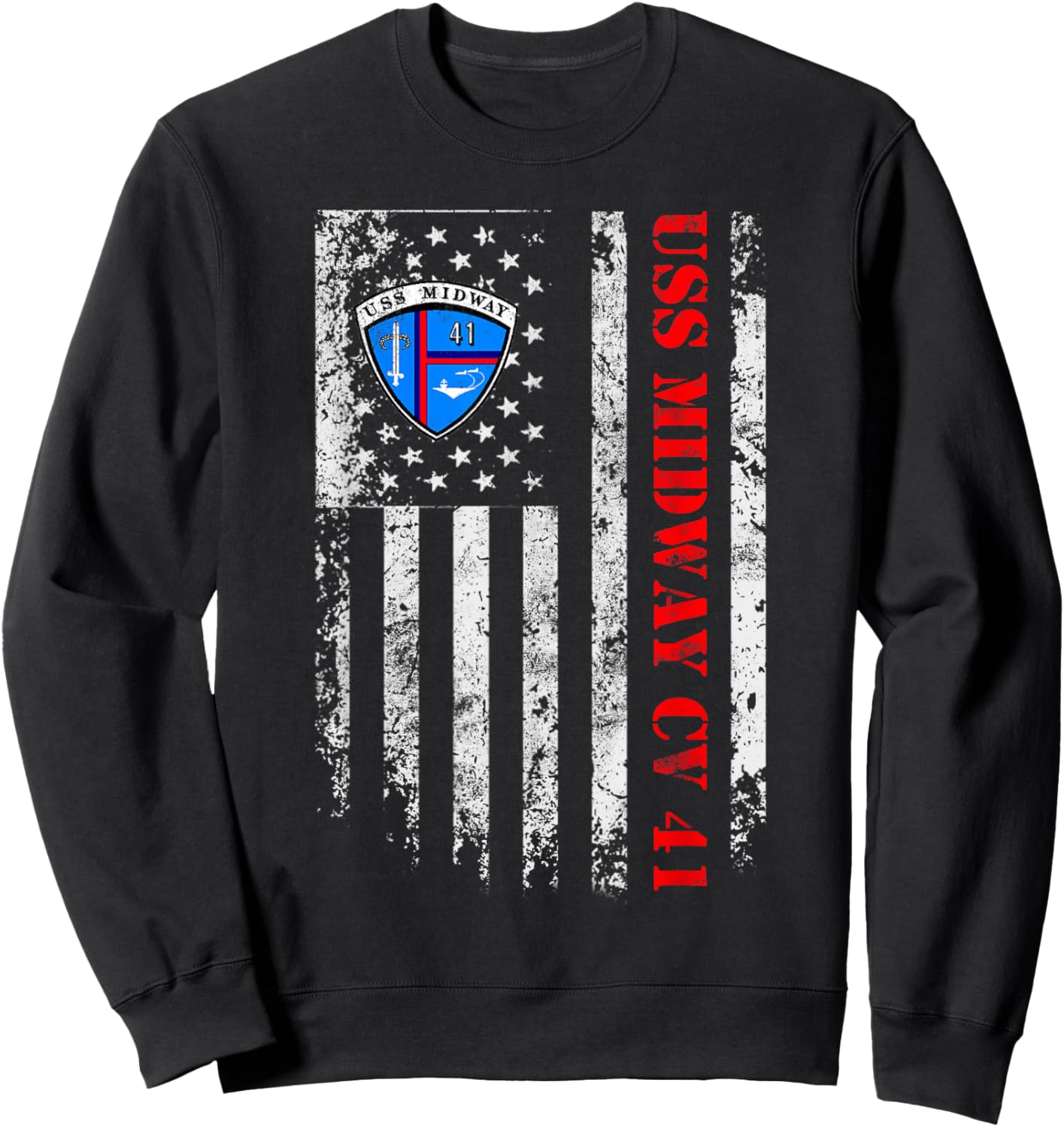 USS Midway CV 41 Aircraft Carrier Veteran USA Flag Vintage Sweatshirt - Sweatshirt | Black