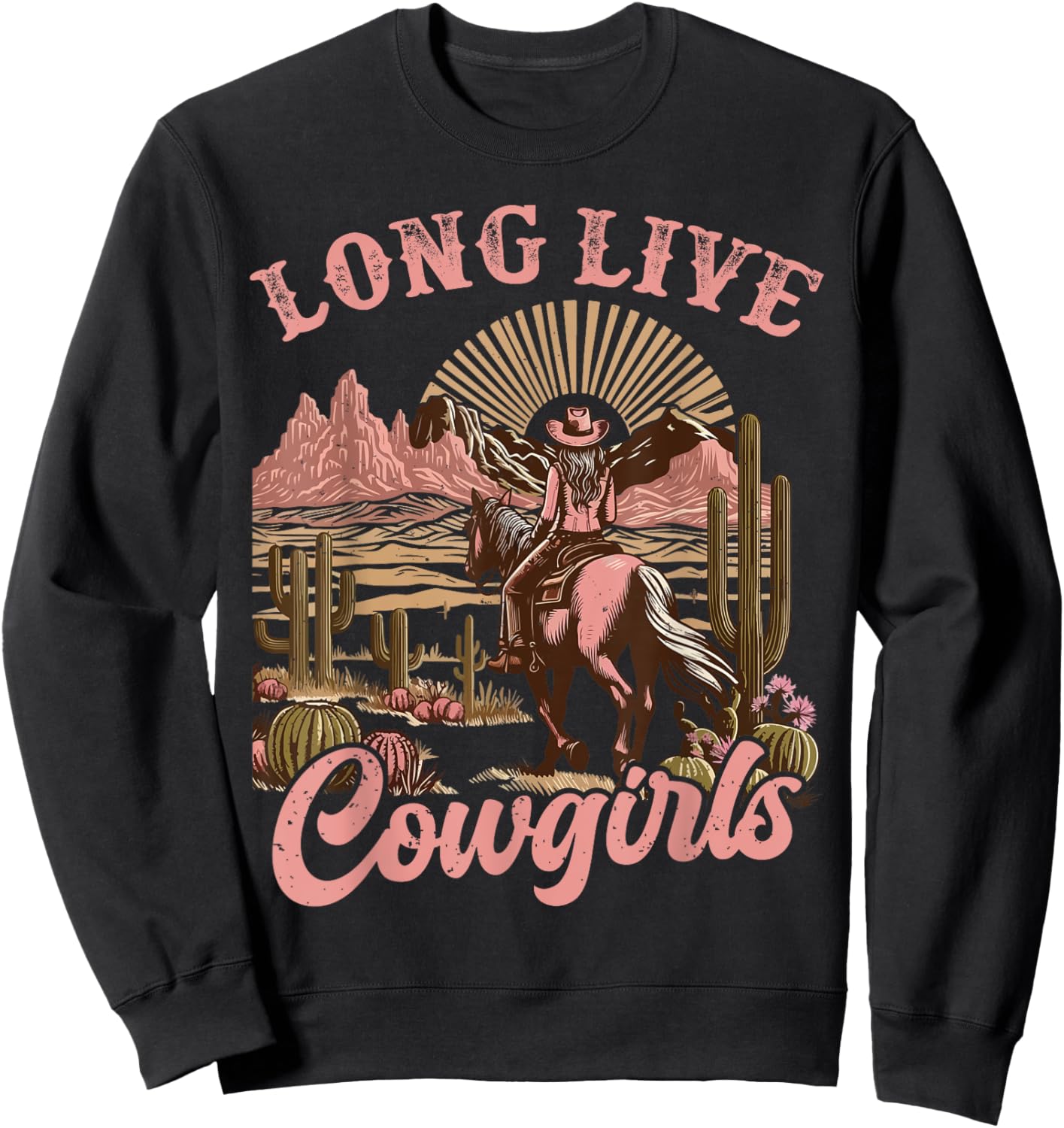Vintage Western Country Southern Women Girls Gifts Long Live Country Cute Cowgirl Riding Horse Howdy Rodeo Sweatshirt - Sweatshirt | Black