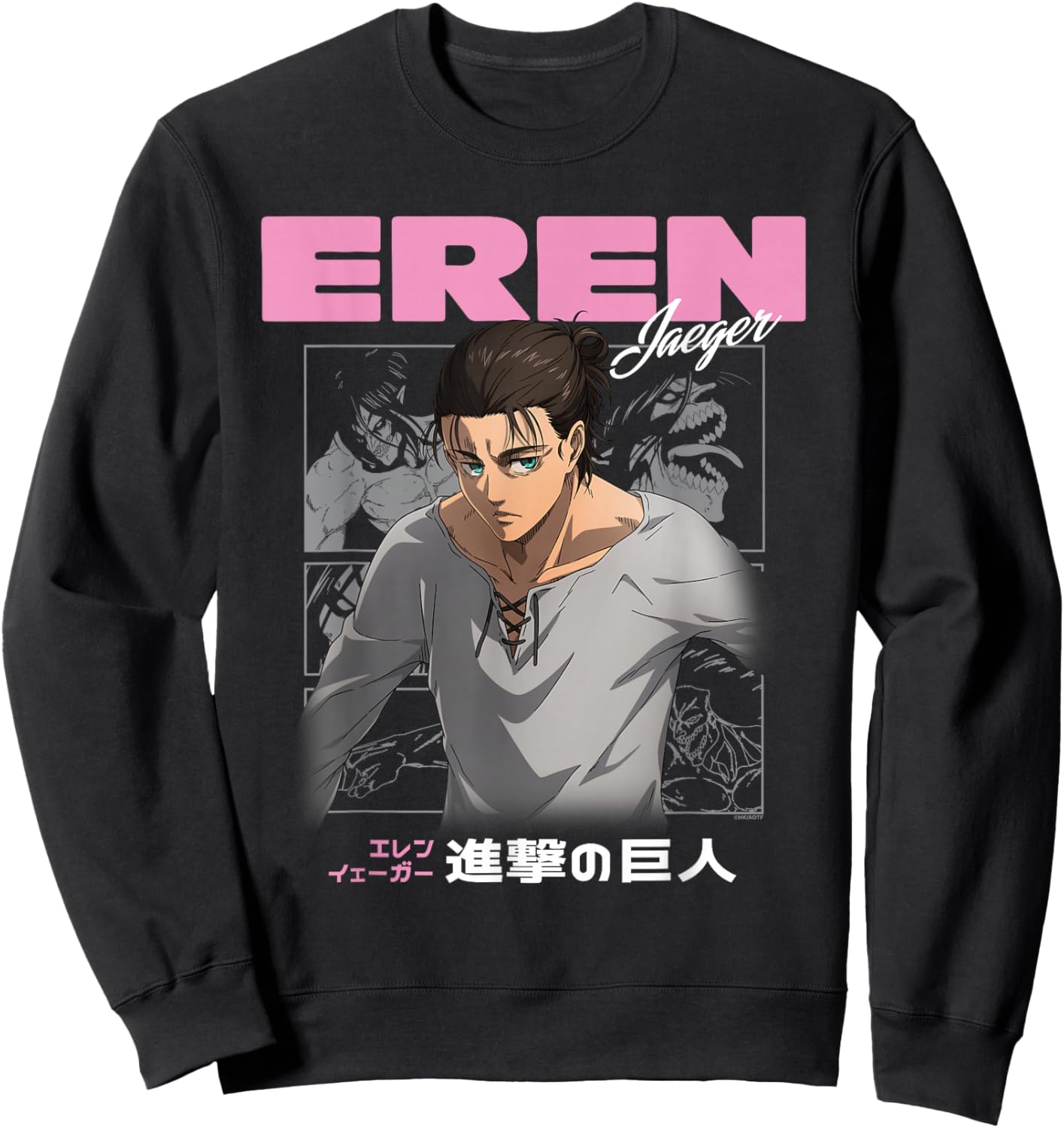 AOT Eren Jaeger Pink Text Crush Collage with Kanji Anime Sweatshirt - Sweatshirt | Black