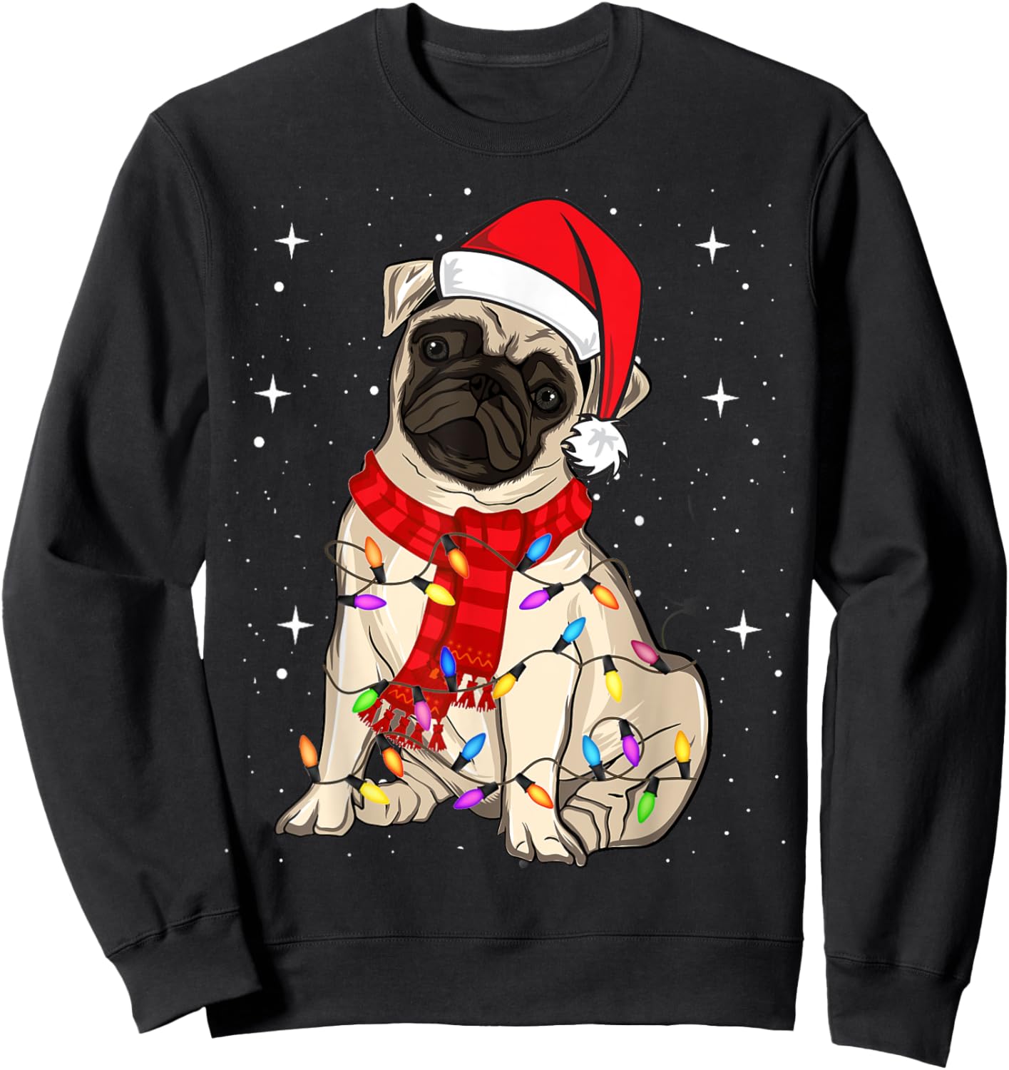 Pug Dogs Christmas Light Santa Hat Puggy Lover Xmas Sweatshirt - Sweatshirt | Black