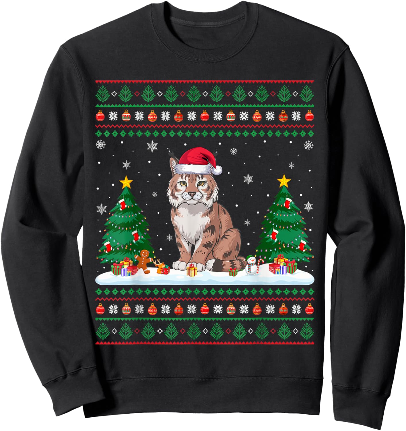 Christmas Tree Lights Bobcat Santa Ugly Xmas Sweater Men Women Kids Sweatshirt - Sweatshirt | Black
