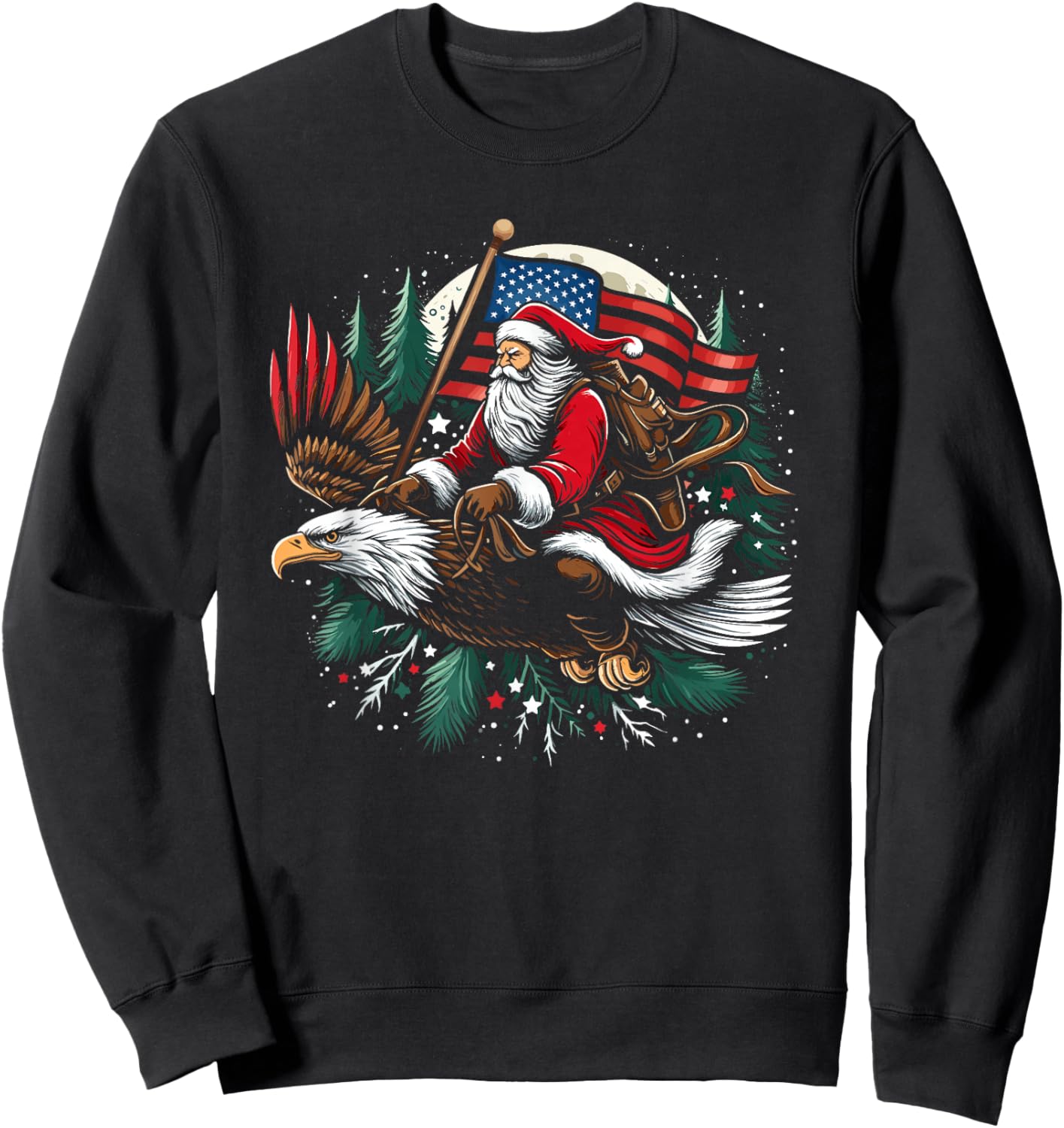 Santa Riding Eagle USA Flag Christmas Sweatshirt - Sweatshirt | Black
