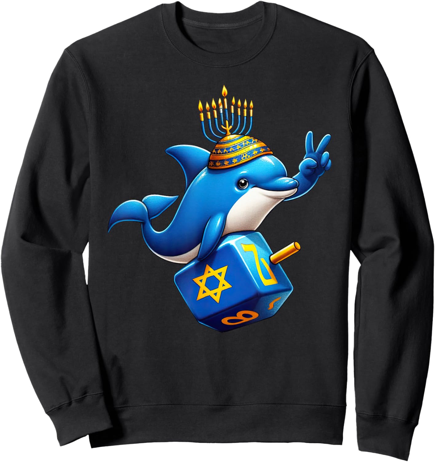 Dolphin Menorah Dreidel Jewish Hanukkah Kids Sweatshirt - Sweatshirt | Black
