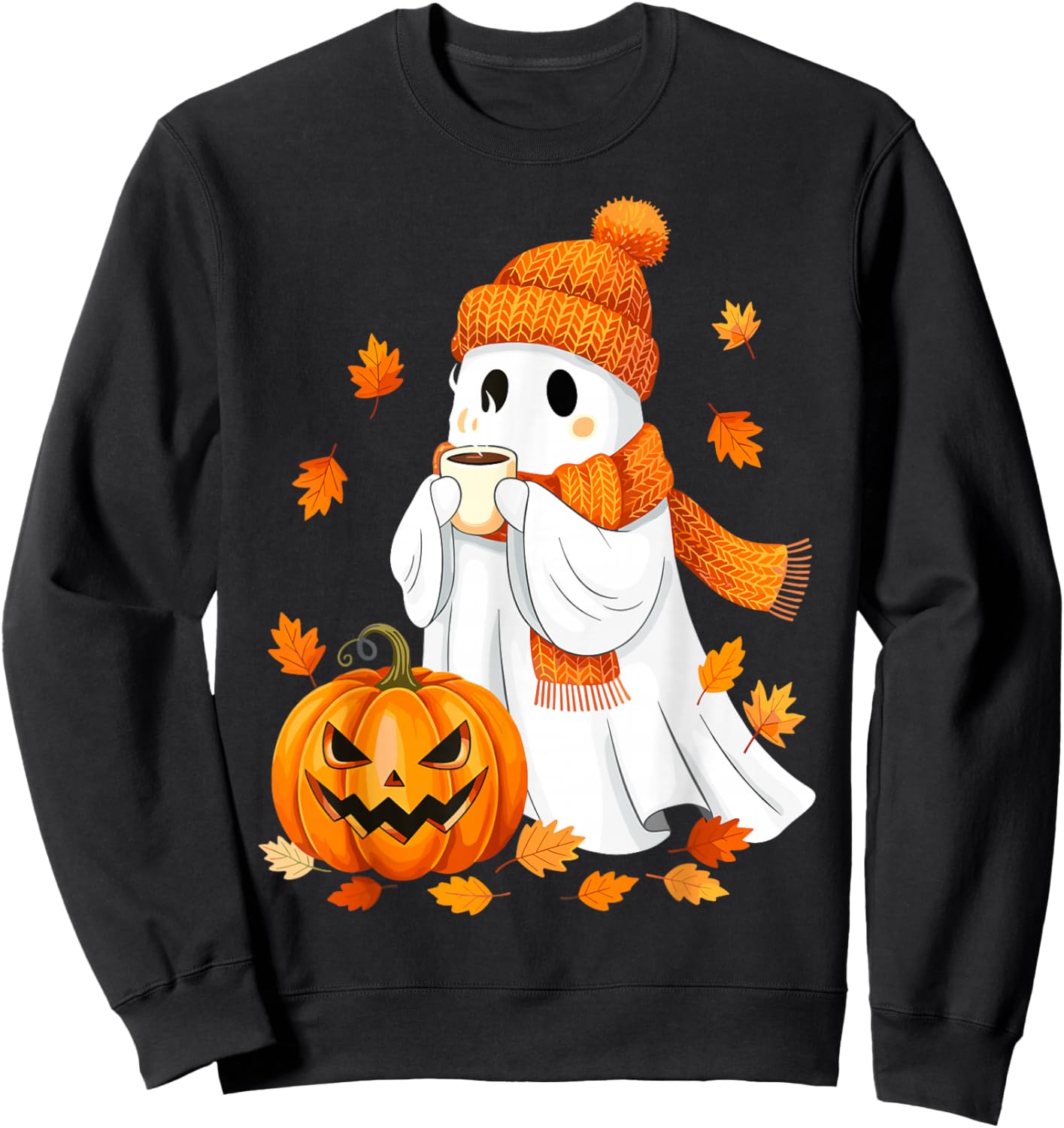 Halloween Ghost Pumpkin Fall Coffee Autumn Sweatshirt - Sweatshirt | Black