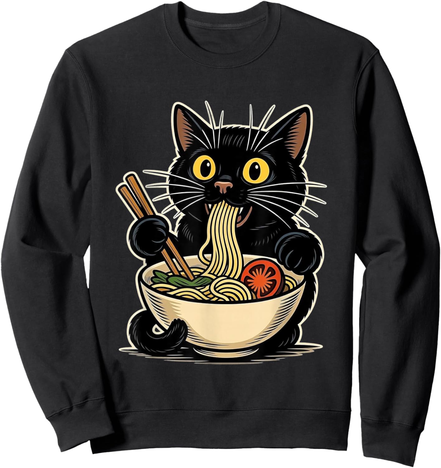 Funny Cat Eating Ramen Vintage Animal Cats Lovers Sweatshirt - Sweatshirt | Black