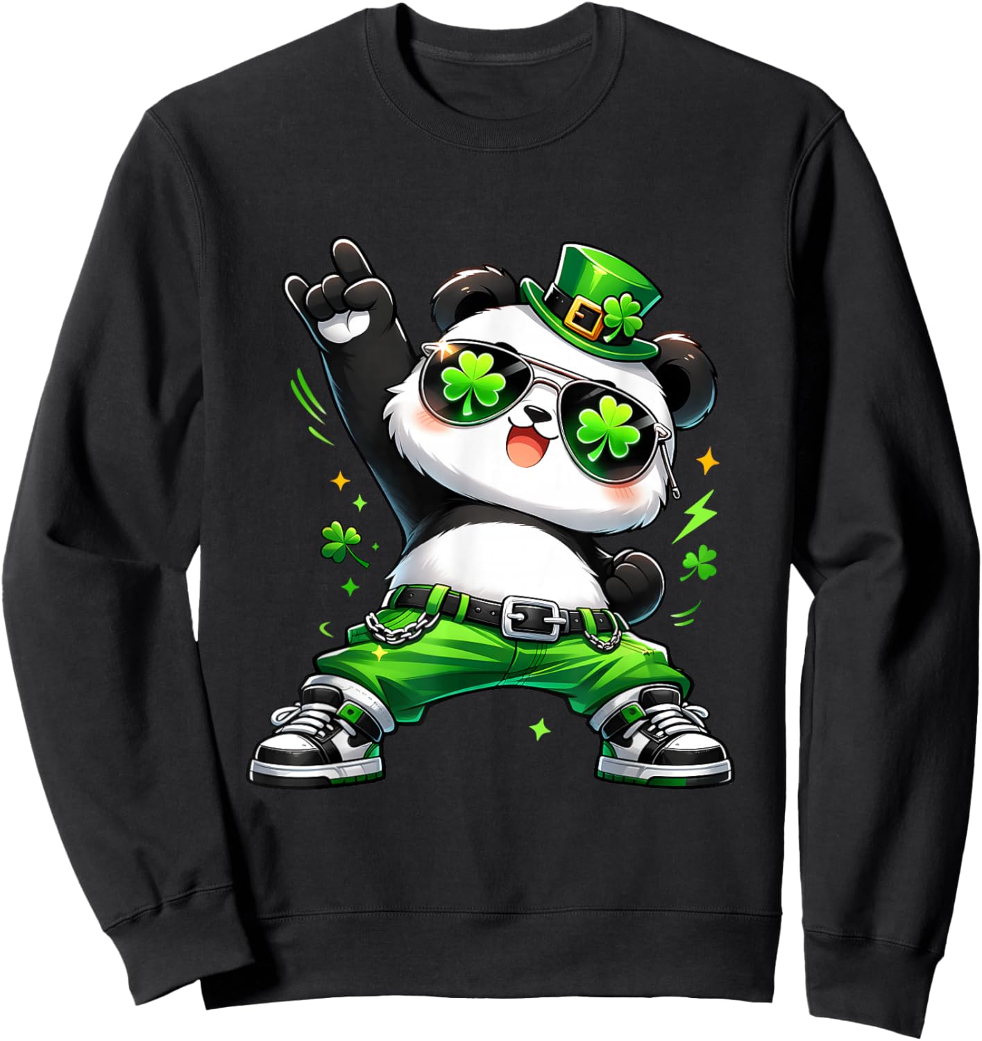 Panda Rocks St Patty's Shamrock St Patrick's Day Dancing Sweatshirt - Sweatshirt | Black