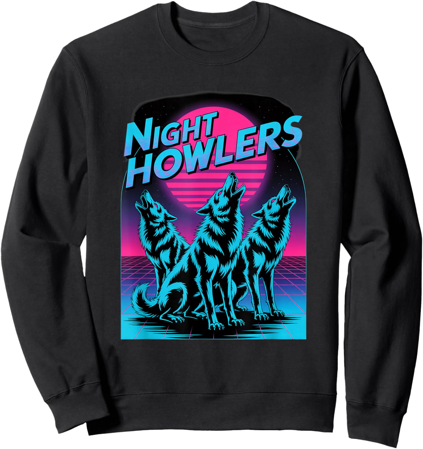 Night Howlers Retro Synthwave Wolf Moon Pack Sweatshirt - Sweatshirt | Black