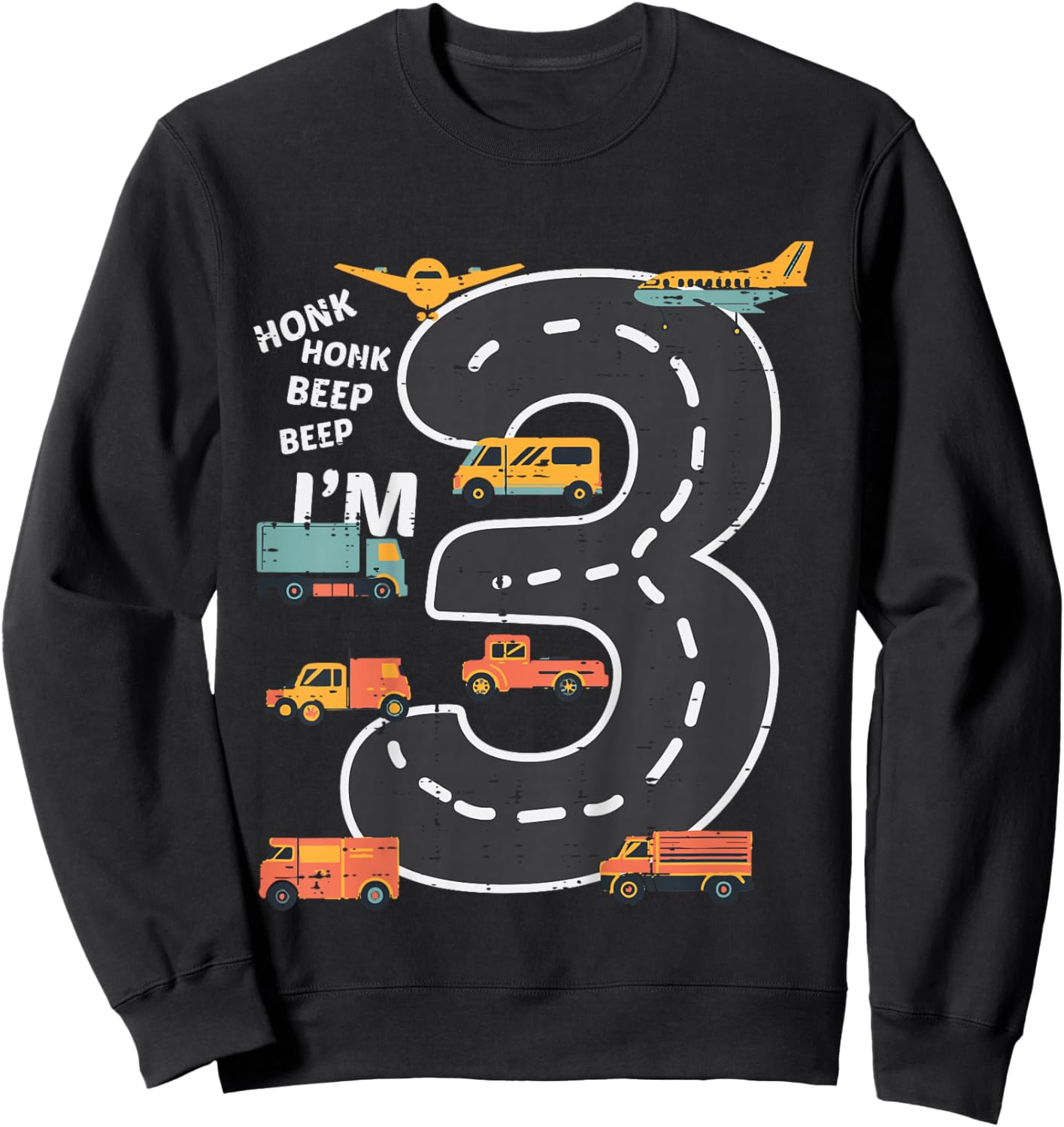 Kids 3rd Birthday 3 Road Honk Beep Im Three Bday Vehicle Boys Kid Sweatshirt - Sweatshirt | Black