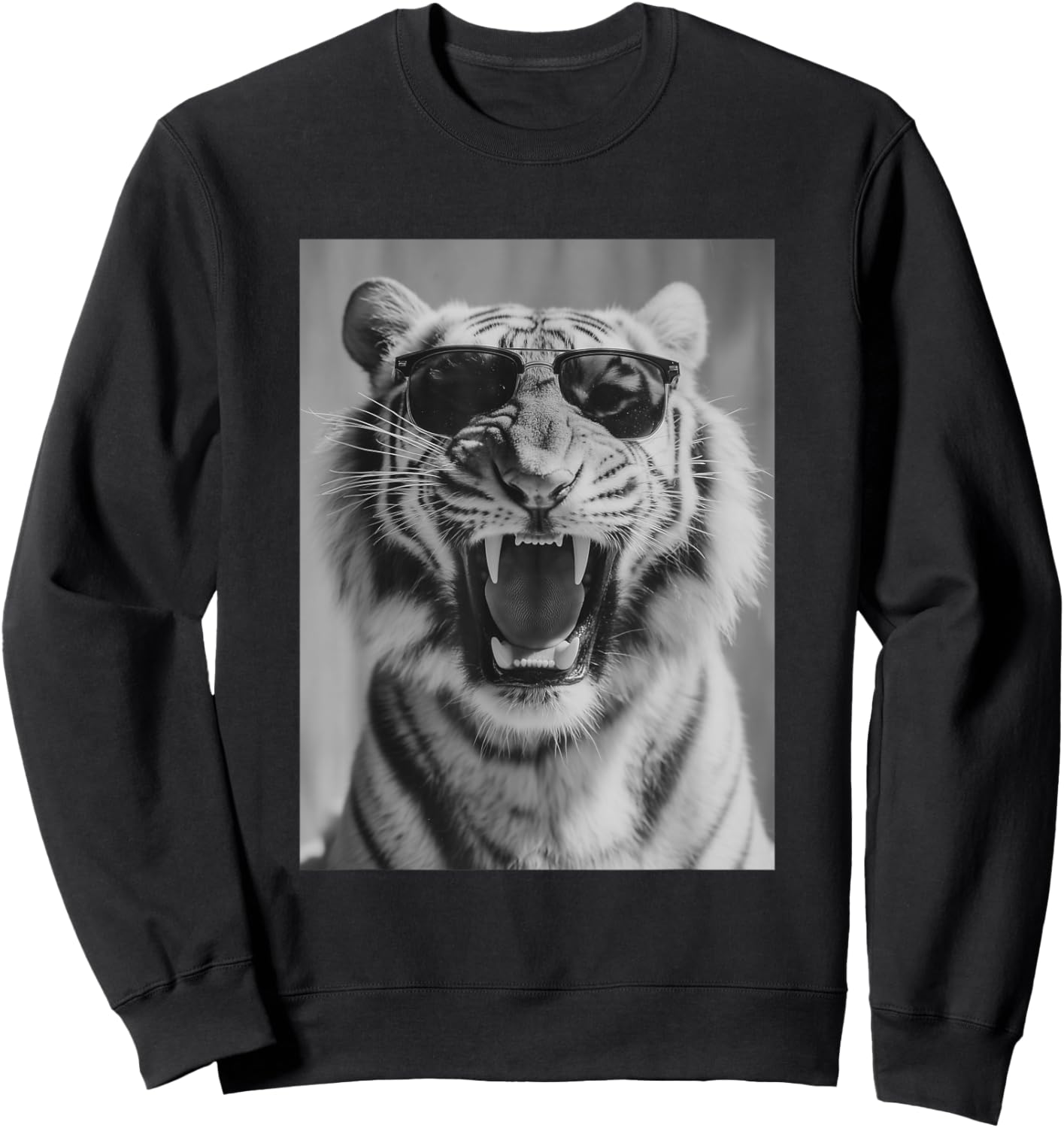 Roaring Tiger with Sunglasses Stylish Feline Animal Photo Sweatshirt - Sweatshirt | Black