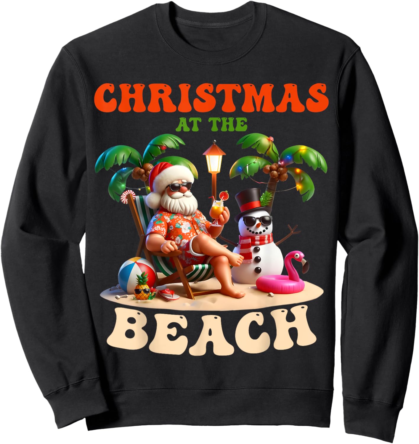 Christmas At The Beach Xmas In July Snowman Flamingo Summer Sweatshirt - Sweatshirt | Black
