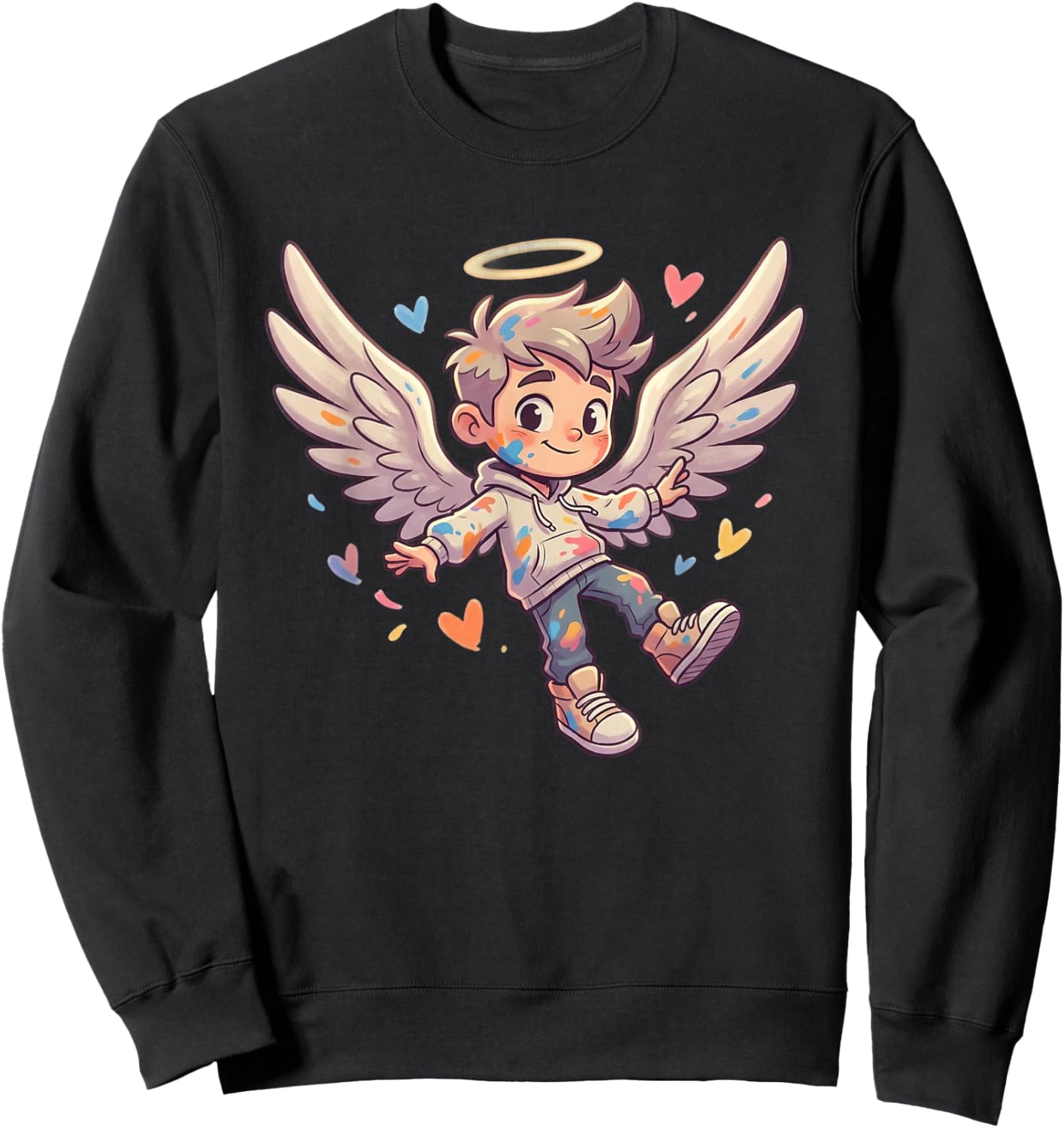 Adorable Little Angel Boy with Wings and Hearts Halo Sweatshirt - Sweatshirt | Black