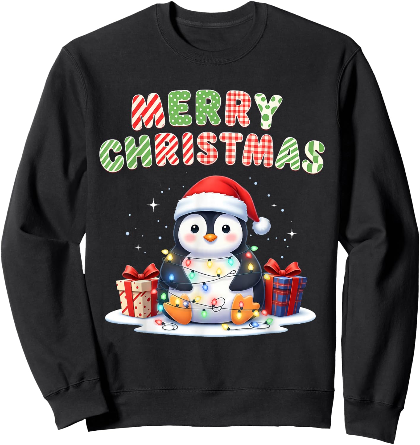 Cute Penguin Merry Christmas Lights Santa Family Pajama Xmas Sweatshirt - Sweatshirt | Black