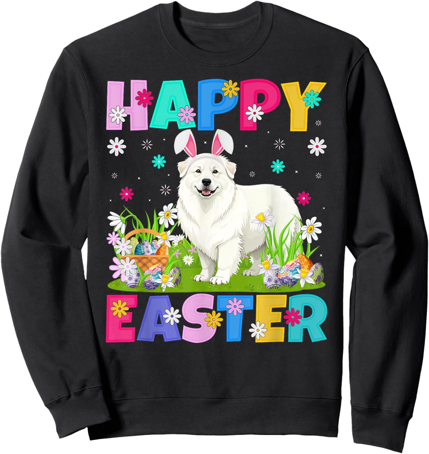 Great Pyrenees Dog Happy Easter Egg Hunt Bunny Ear Easter Sweatshirt - Sweatshirt | Black