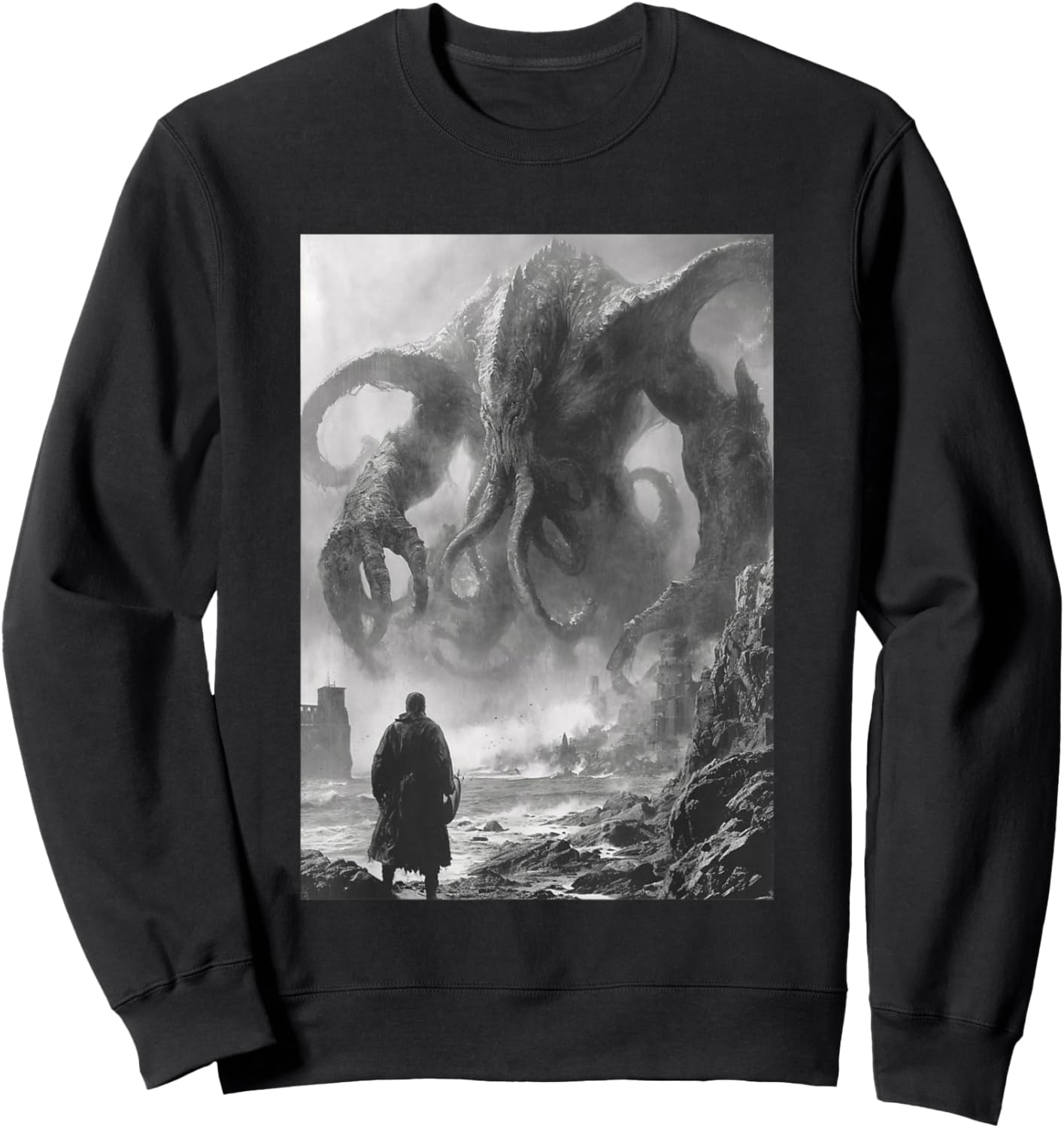 Vintage Cthulhu Kraken Japanese Sea Monster Horror Newspaper Sweatshirt - Sweatshirt | Black