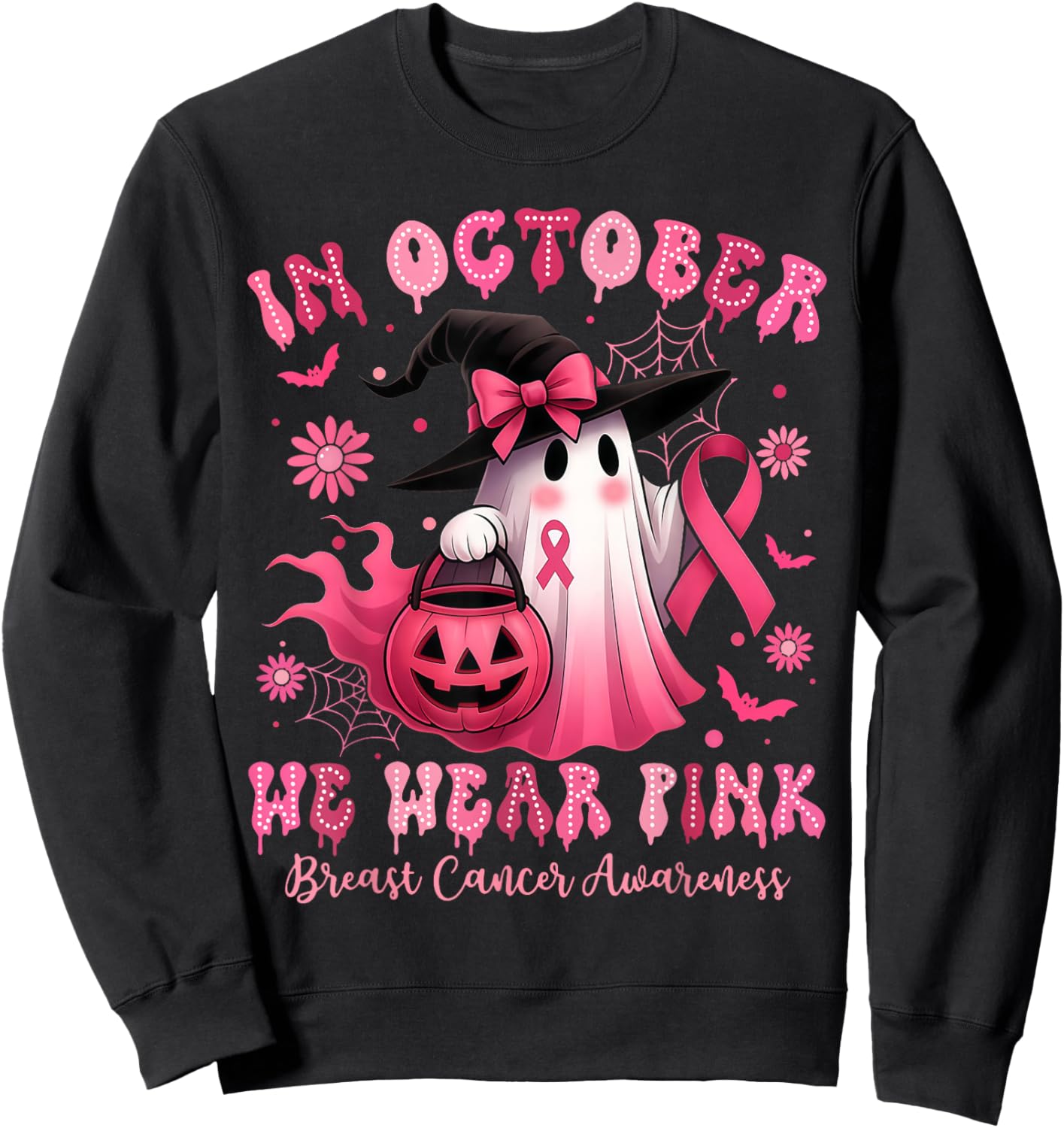 in October We Wear Pink Breast Cancer Awareness Halloween Sweatshirt - Sweatshirt | Black