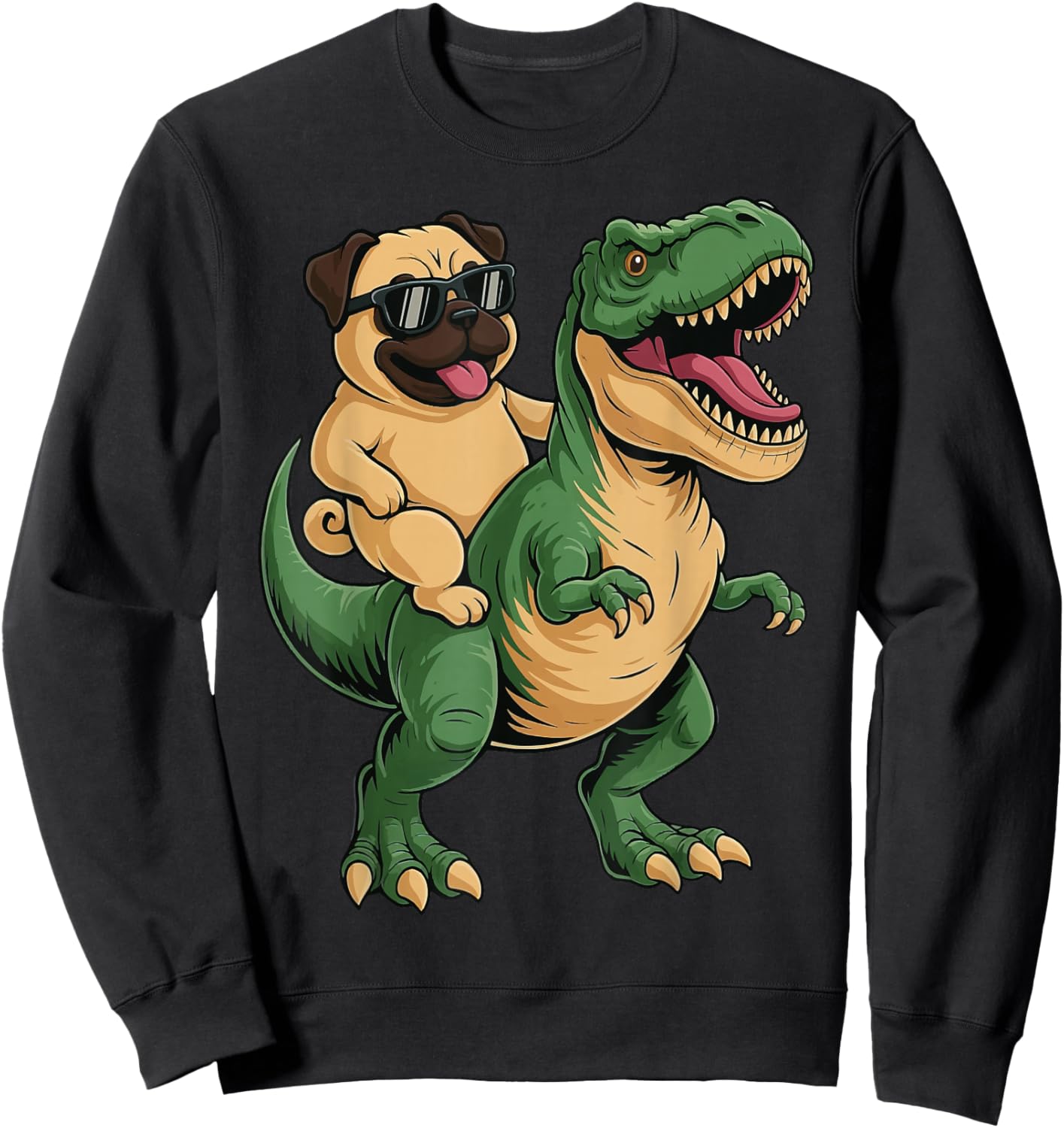 Pug Riding T-Rex Sweatshirt - Sweatshirt | Black
