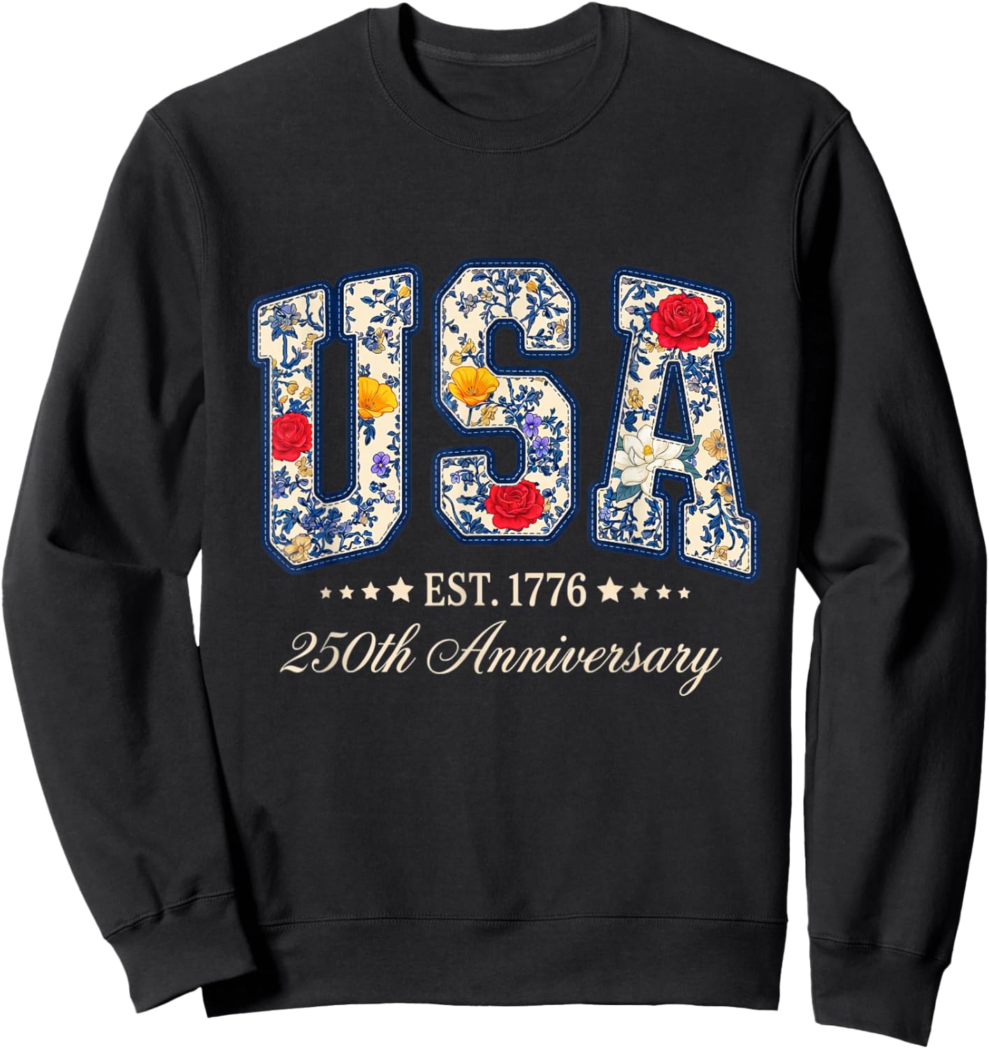 Floral USA 4th of July Patriotic Women 250th Anniversary USA Sweatshirt - Sweatshirt | Black