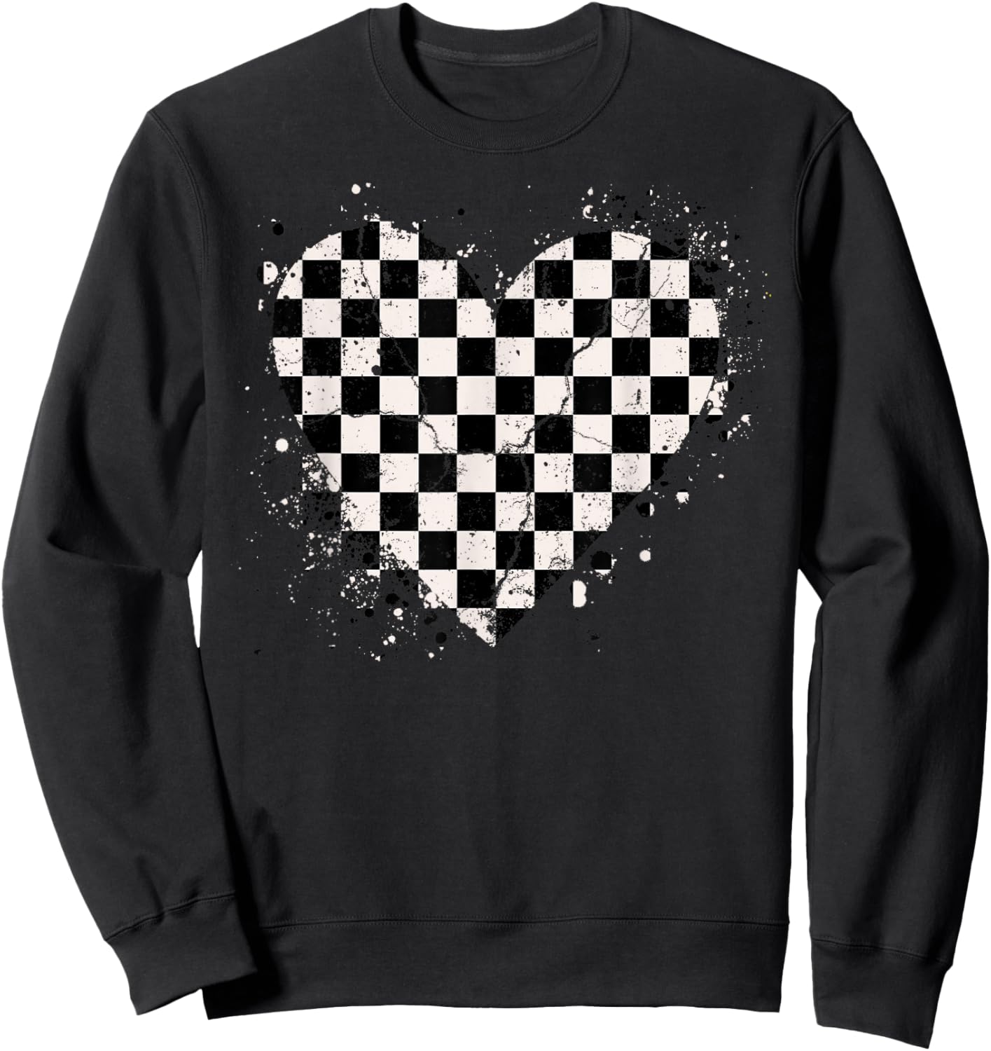 Checkered Love Heart Black White Retro Racing Matching Sweatshirt - Sweatshirt | Black