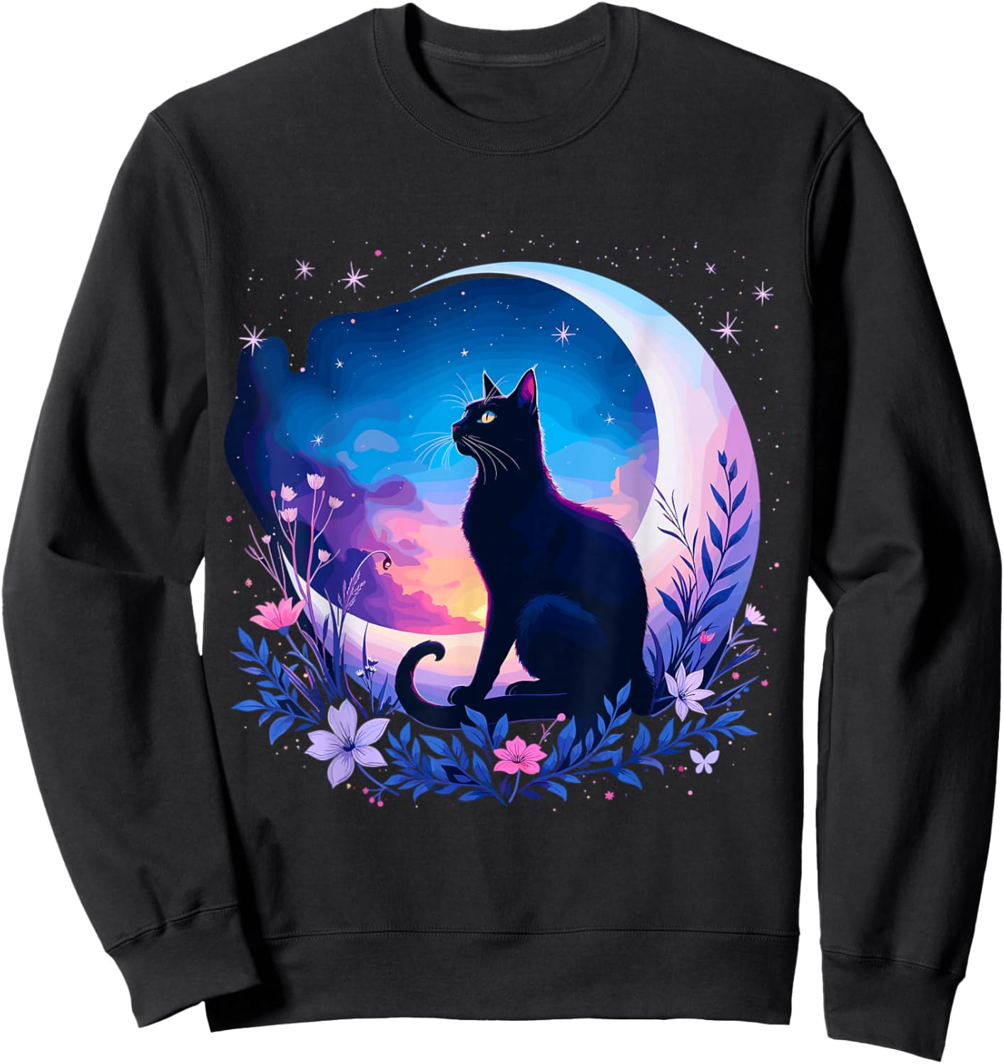 Cat Sitting Moon Celestial Night Sweatshirt - Sweatshirt | Black