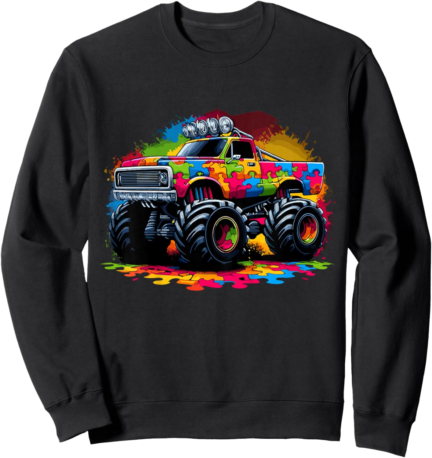Autism Awareness Puzzle Monster Truck Autism Sweatshirt - Sweatshirt | Black