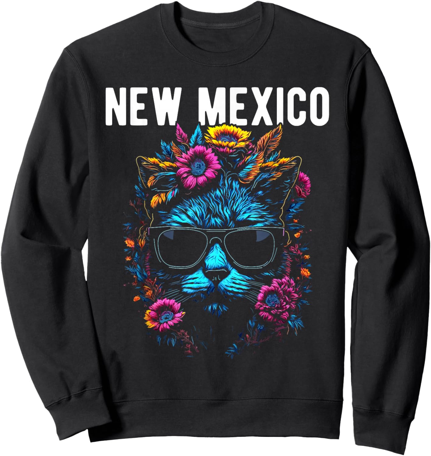 New Mexico USA Cat Wearing Sunglasses and Flowers Design Sweatshirt - Sweatshirt | Black