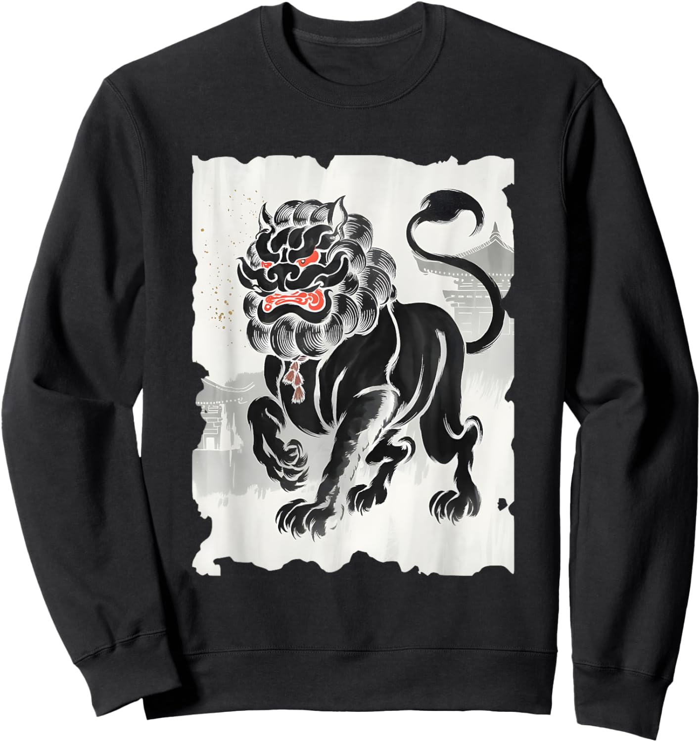 Komainu Sumi-e Graphic - Vintage Japanese Art Lion-Dog Sweatshirt - Sweatshirt | Black