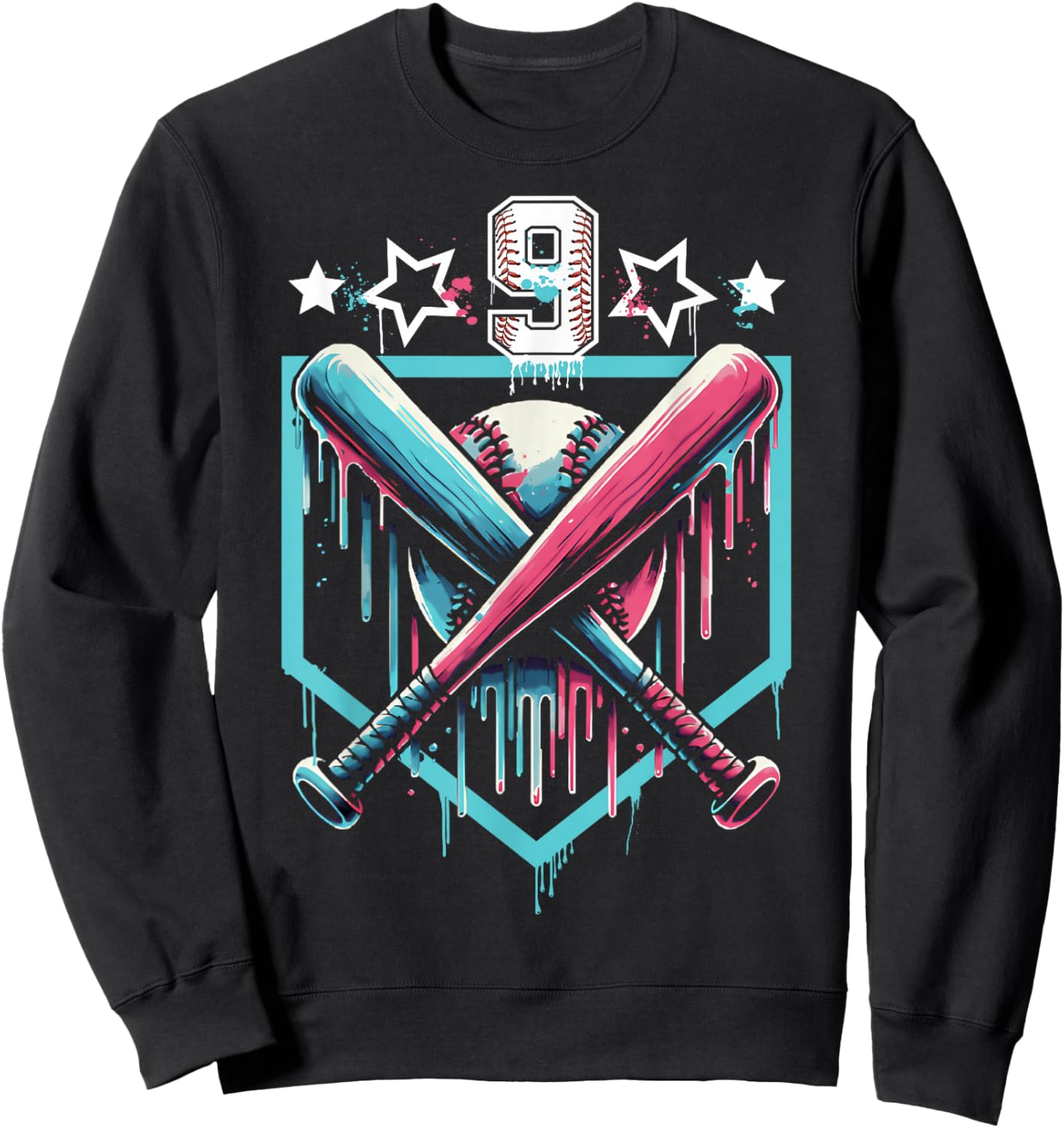 Baseball Drip 9th Birthday Boys Number 9 Youth 9 Year Old Sweatshirt - Sweatshirt | Black
