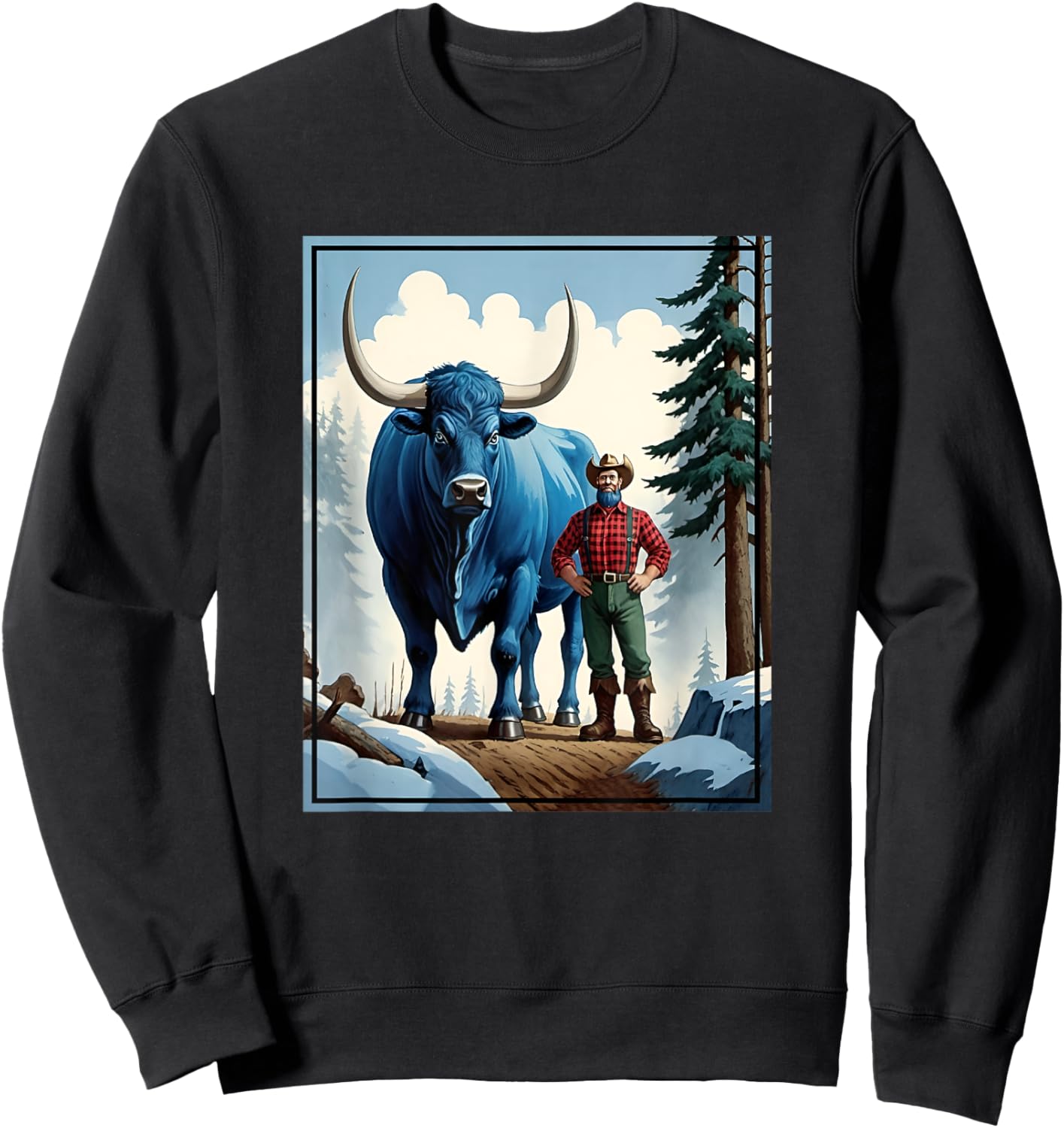 American Lumberjack Folk Hero Paul Bunyan & Babe The Giant Blue Ox in The Woods Sweatshirt - Sweatshirt | Black
