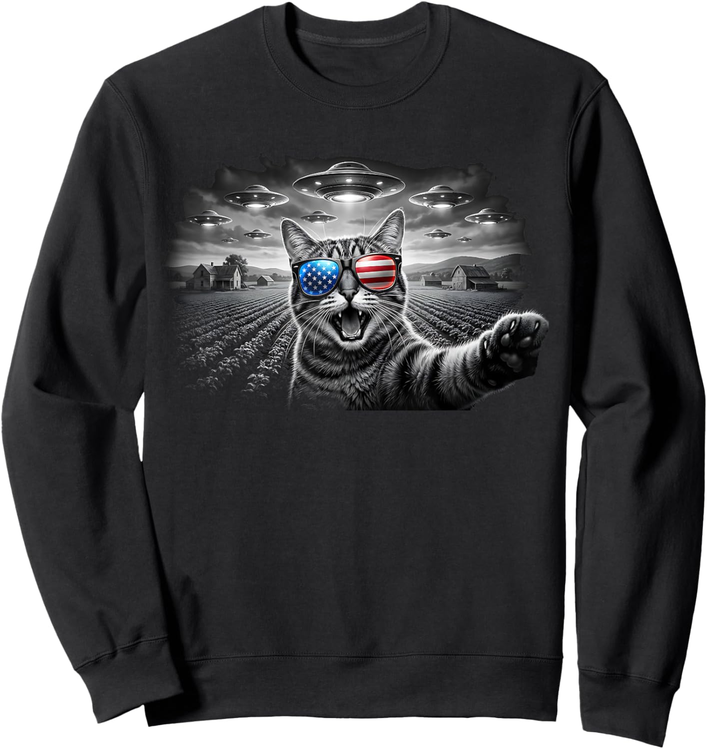 4th of July Cat Selfie with Alien UFO USA Flag Sunglasses Sweatshirt - Sweatshirt | Black