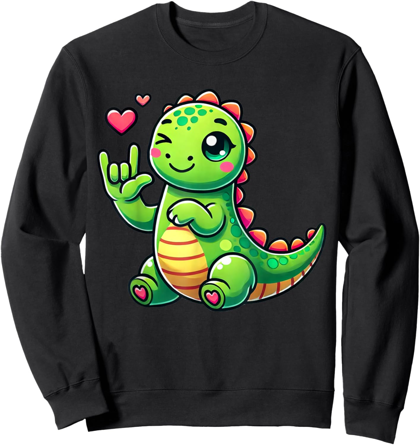 Cute Dinosaur Love You Hand Sign Language ASL Sweatshirt - Sweatshirt | Black