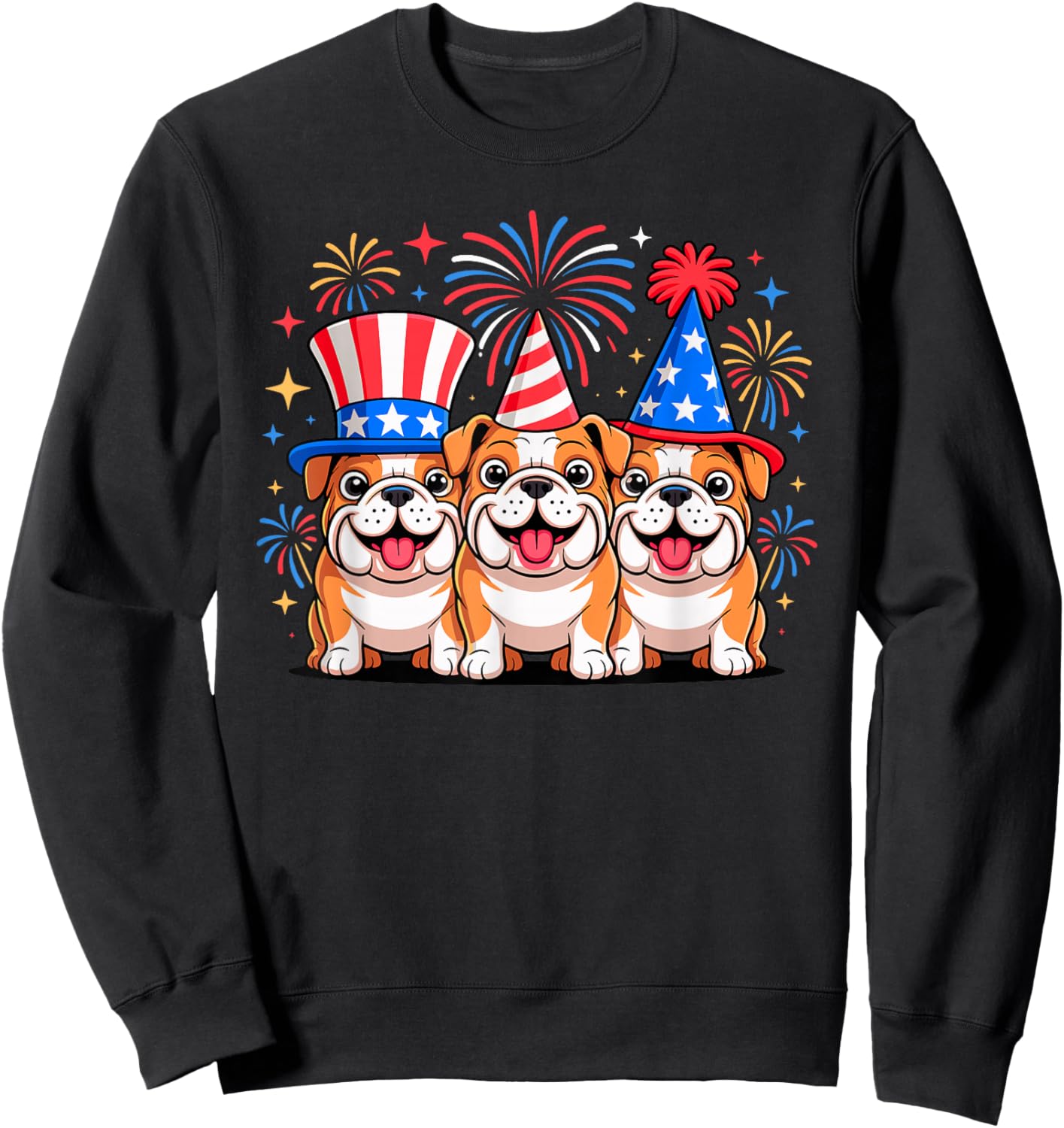 Fourth of July Bulldog Trio Patriotic Fireworks Sweatshirt - Sweatshirt | Black