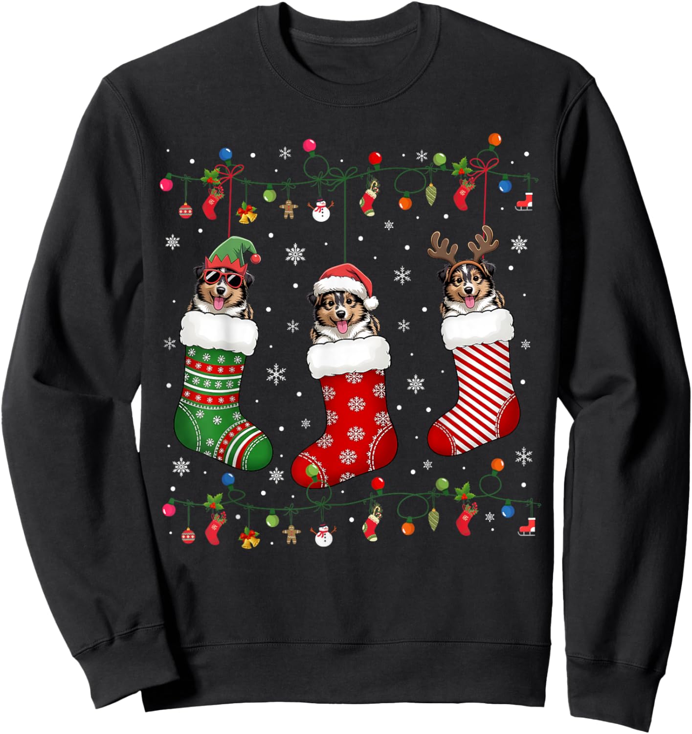 Shetland Sheepdog Dog Christmas Socks Funny Xmas Pajama Dog Sweatshirt - Sweatshirt | Black