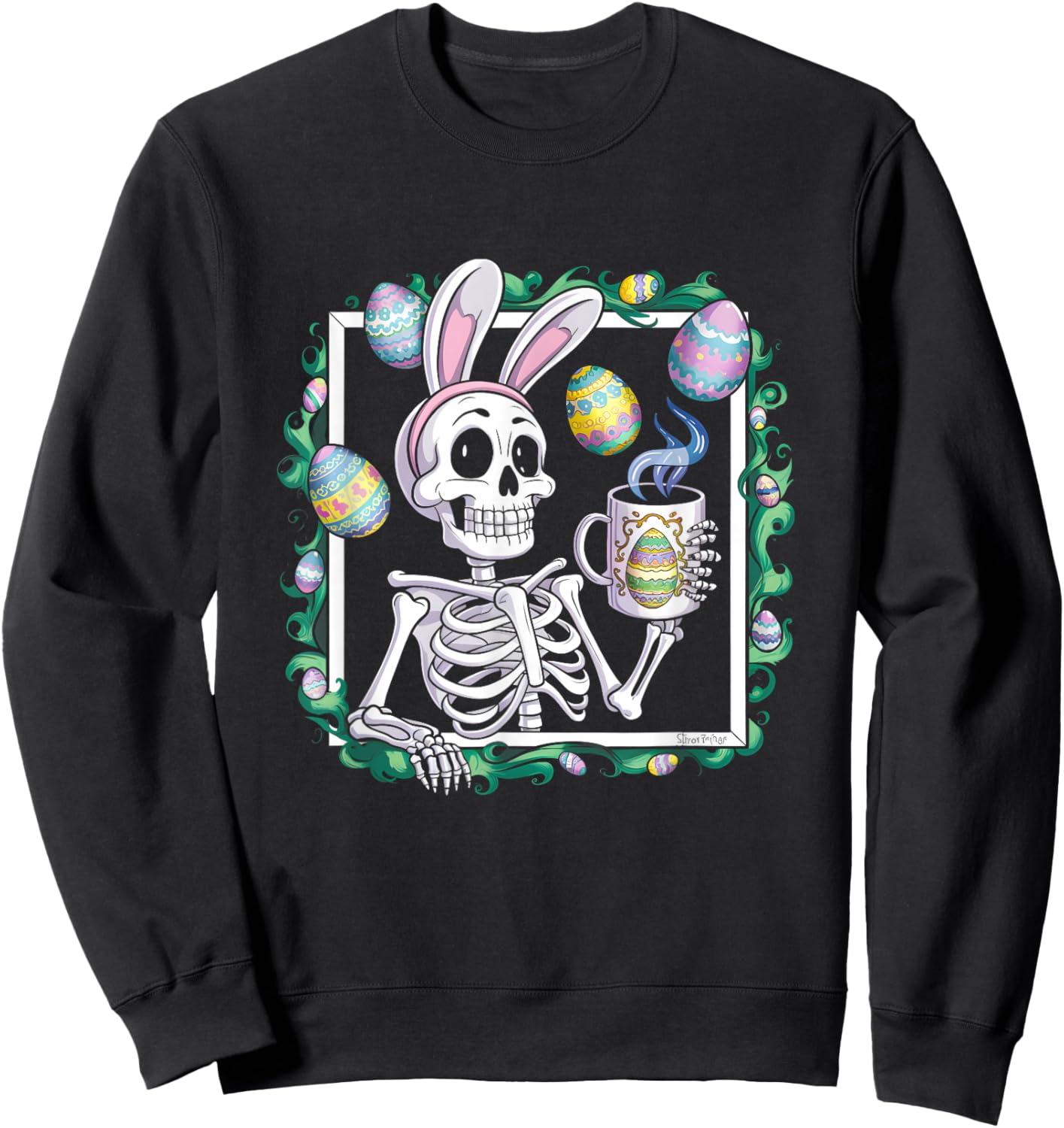 Happy Easter Skeleton Wearing Bunny Ear Drink Coffee Eggs Sweatshirt - Sweatshirt | Black