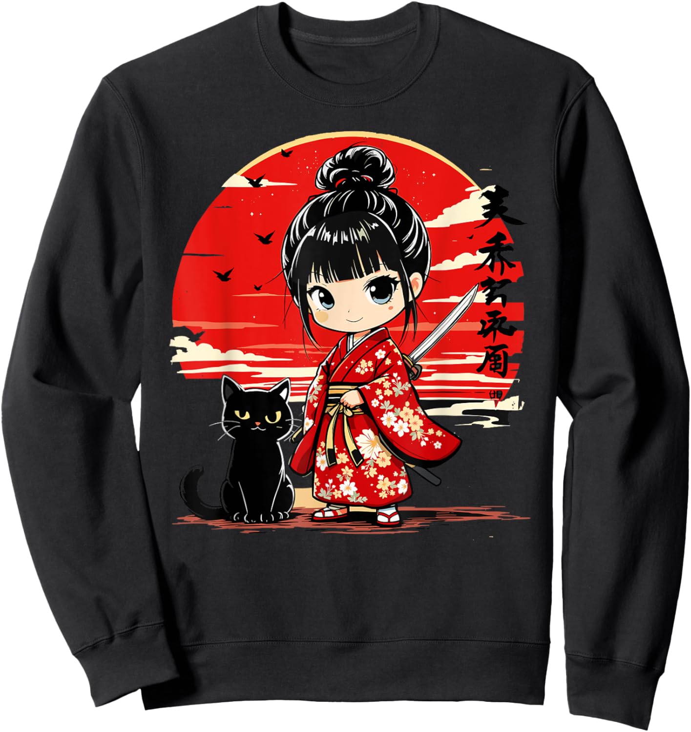 Cute Kawaii Samurai Girl and Cat Japanese Anime Kids Girls Sweatshirt - Sweatshirt | Black