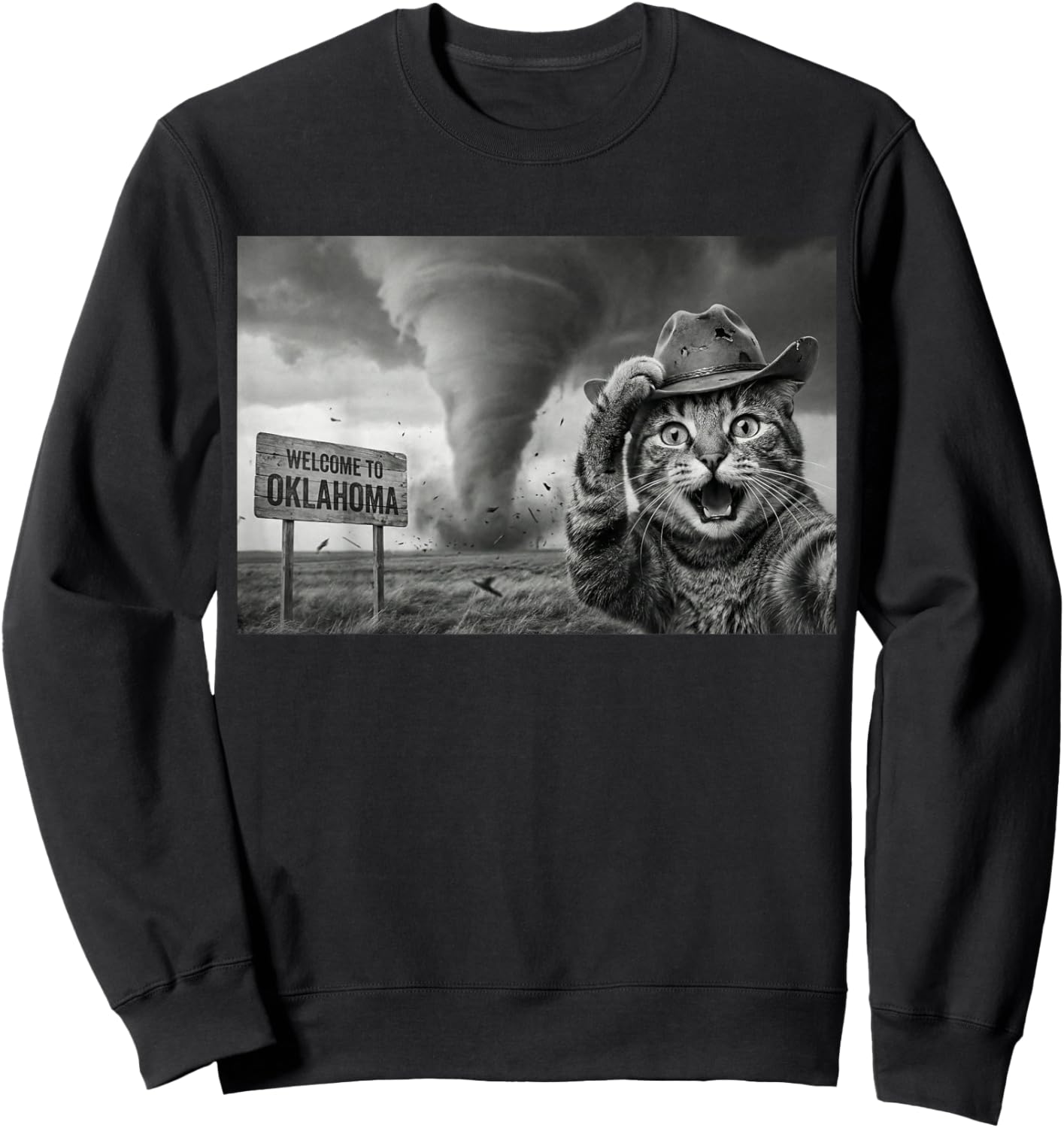 Funny Cat Selfie Tornado Oklahoma Storm Chaser Cowboy Hat Sweatshirt - Sweatshirt | Black