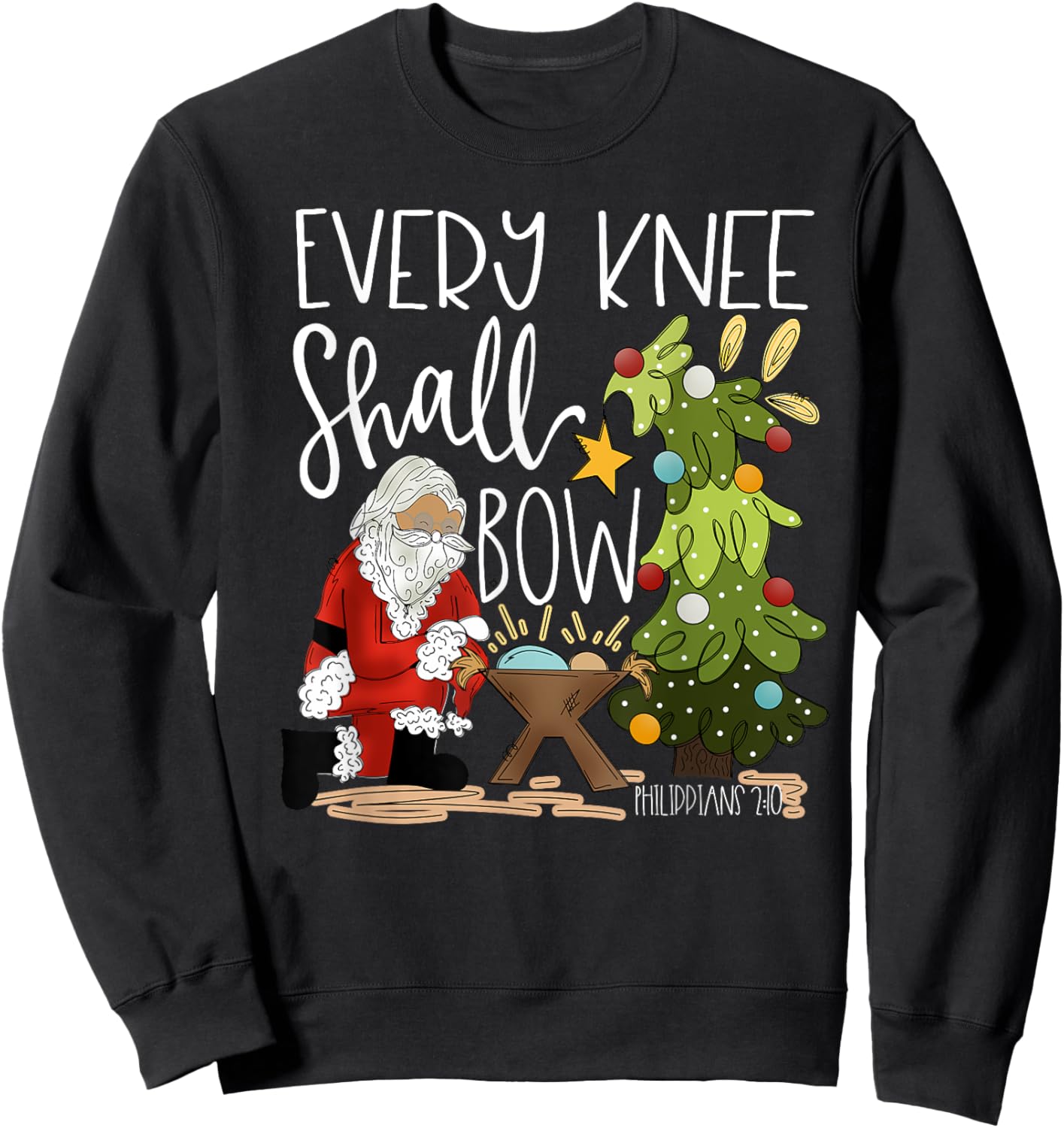 Retro Every Knee Shall Bow Santa Clause Religious Christmas Sweatshirt - Sweatshirt | Black