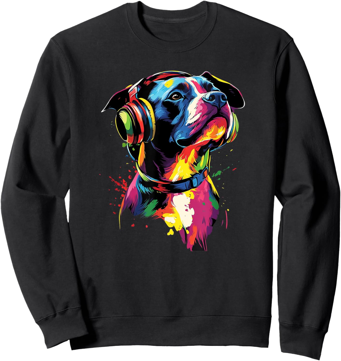 Artistic Colorful American Pit Bull Headphones Dog Pitbull Men Women Kids Sweatshirt - Sweatshirt | Black