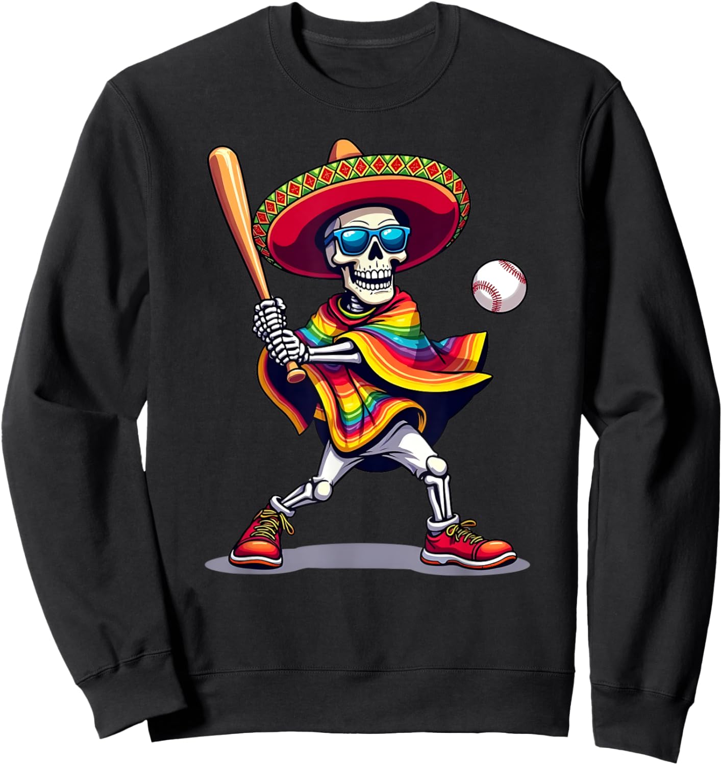 Mariachi Skeleton Baseball Cinco De Mayo Mexican Sombrero Sweatshirt - Sweatshirt | Black