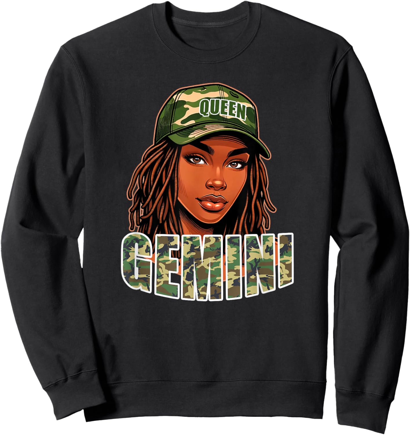 Gemini Queen Camo Hat Locs Birthday Black Woman Sweatshirt - Sweatshirt | Black