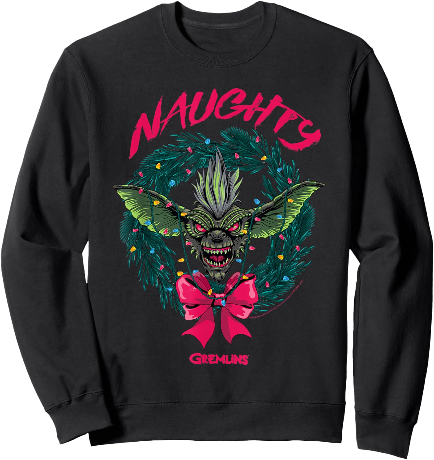 Gremlins Naughty Gremlin Wreath Retro Holiday Movie Sweatshirt - Sweatshirt | Black